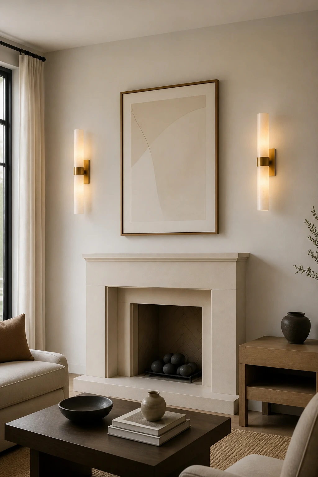 Dani alabaster sconces framing living room artwork