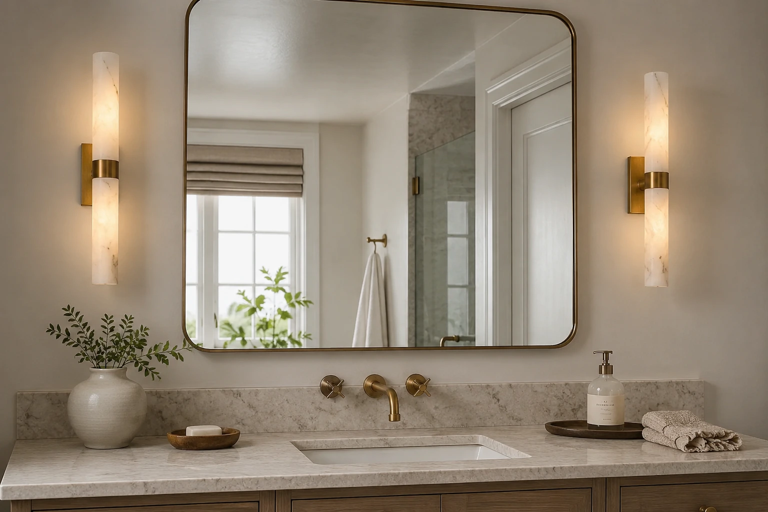 Tumbled Brass alabaster double-tube wall sconces beside a bathroom mirror