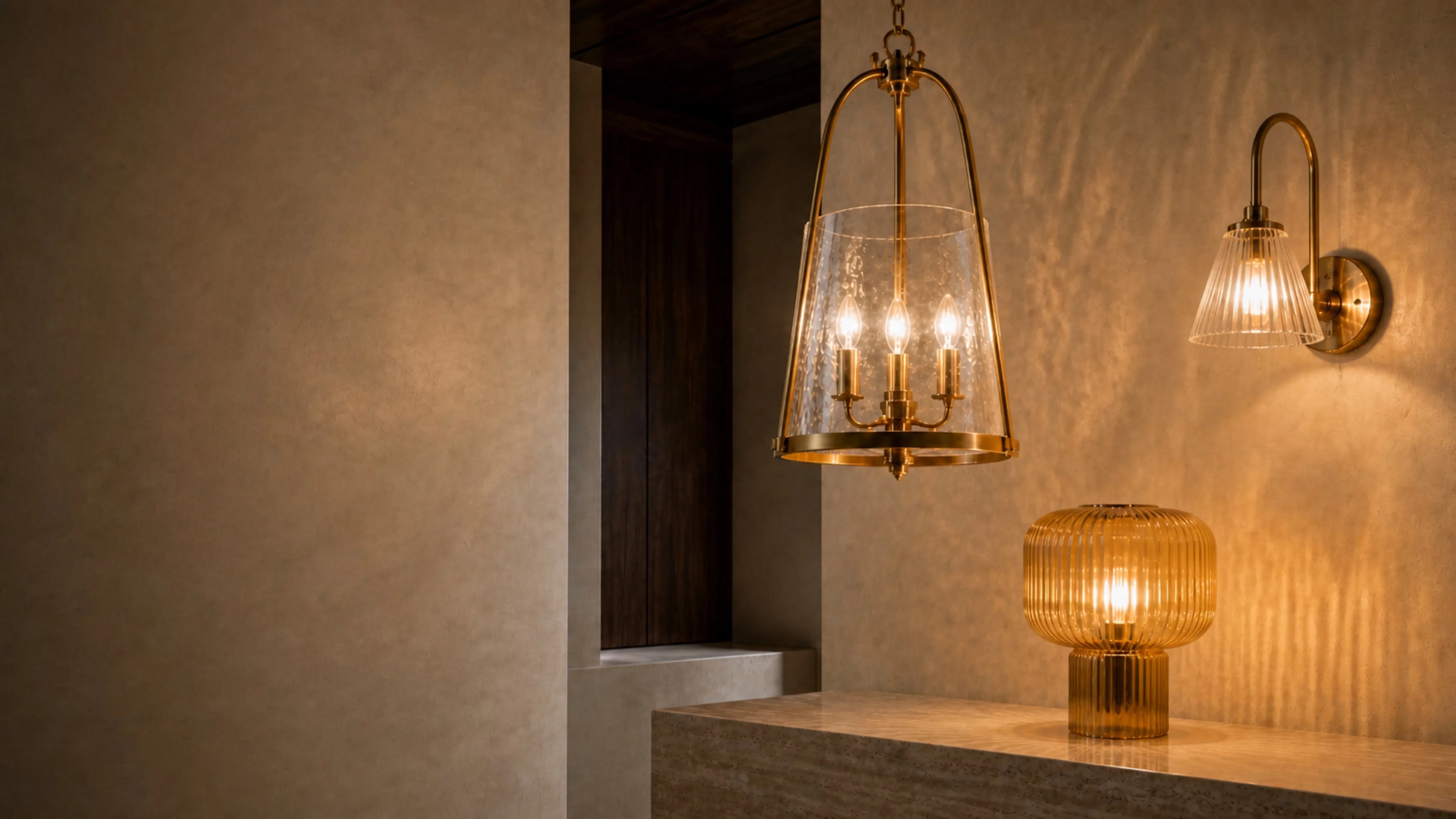 A clear hammered-glass pendant, clear ribbed-glass wall light and amber ribbed-glass table lamp installed together in one warm interior