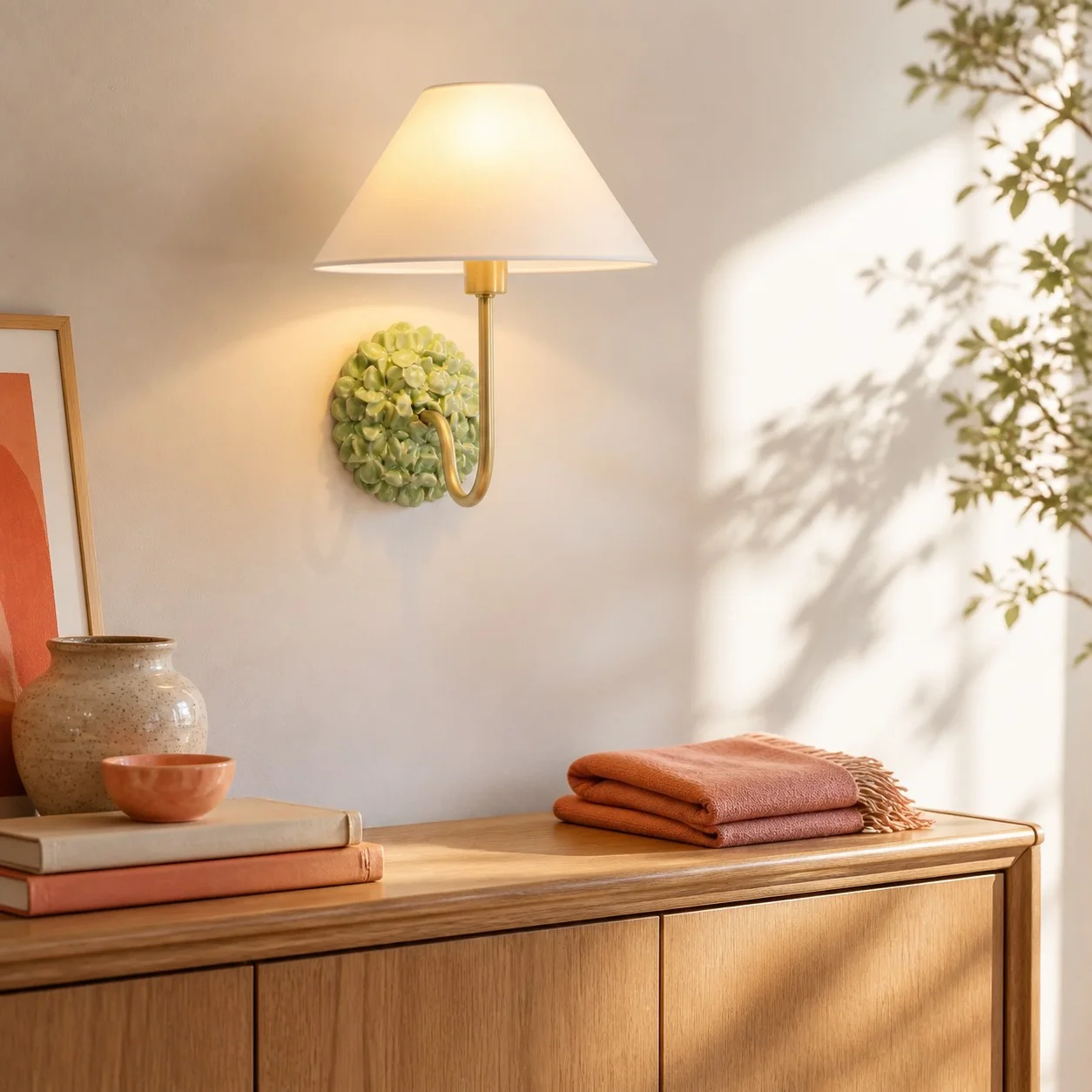 Florienne light green wall sconce above a wood console
