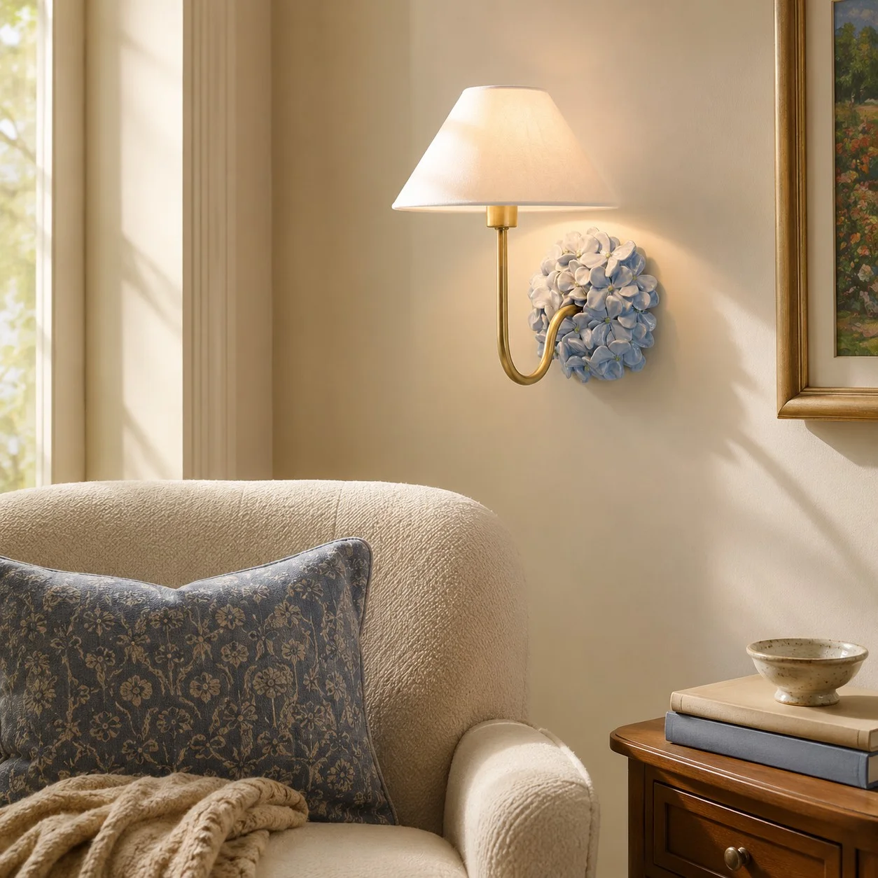 Florienne blue wall sconce beside a lounge chair in a living room