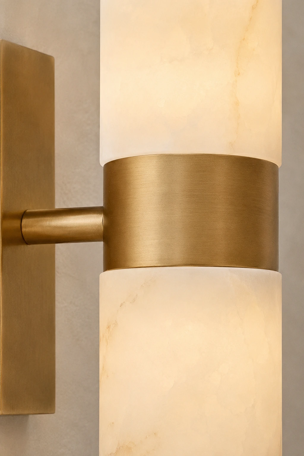Natural alabaster veining and Tumbled Brass connection detail