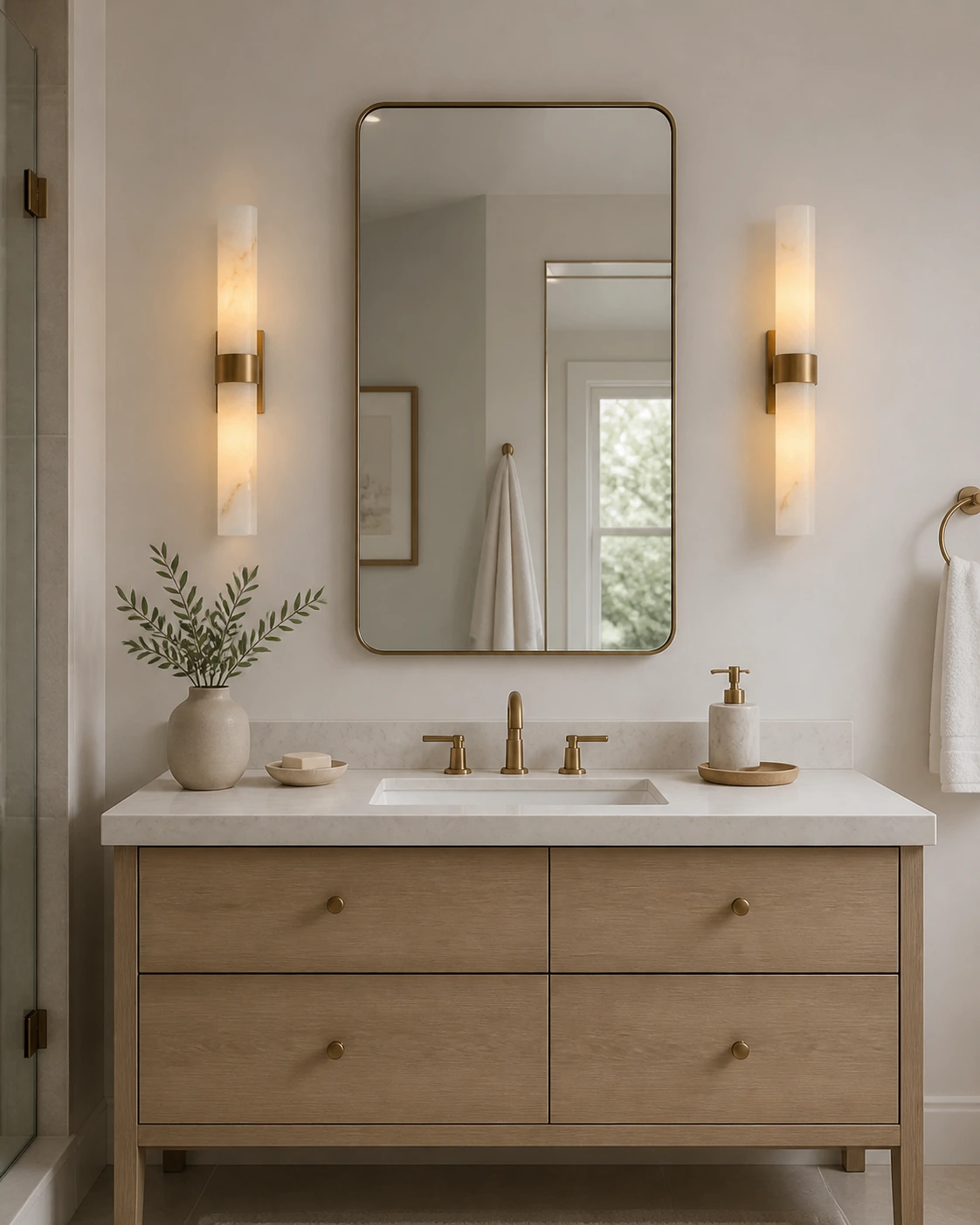 Dani alabaster wall sconces in a family bathroom