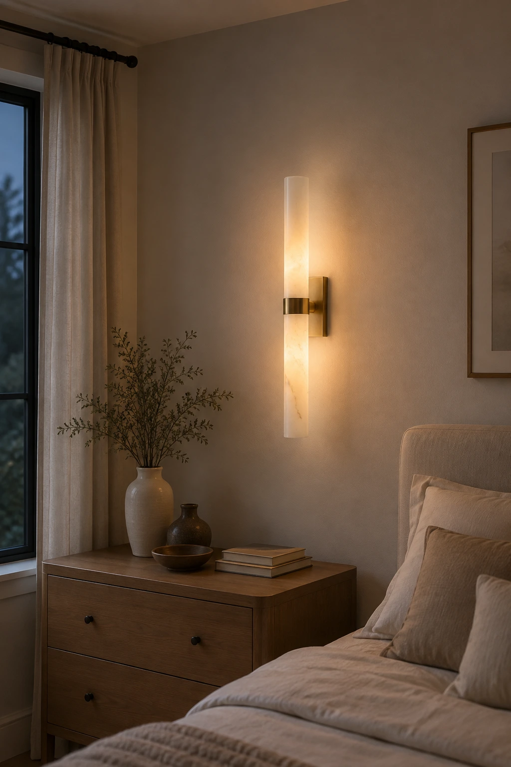 Warm alabaster glow in an evening bedroom corner
