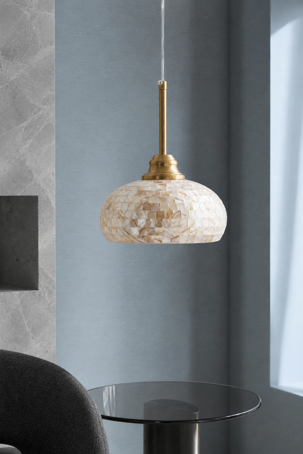 Complete brass mother-of-pearl pendant in a steel-blue reading corner