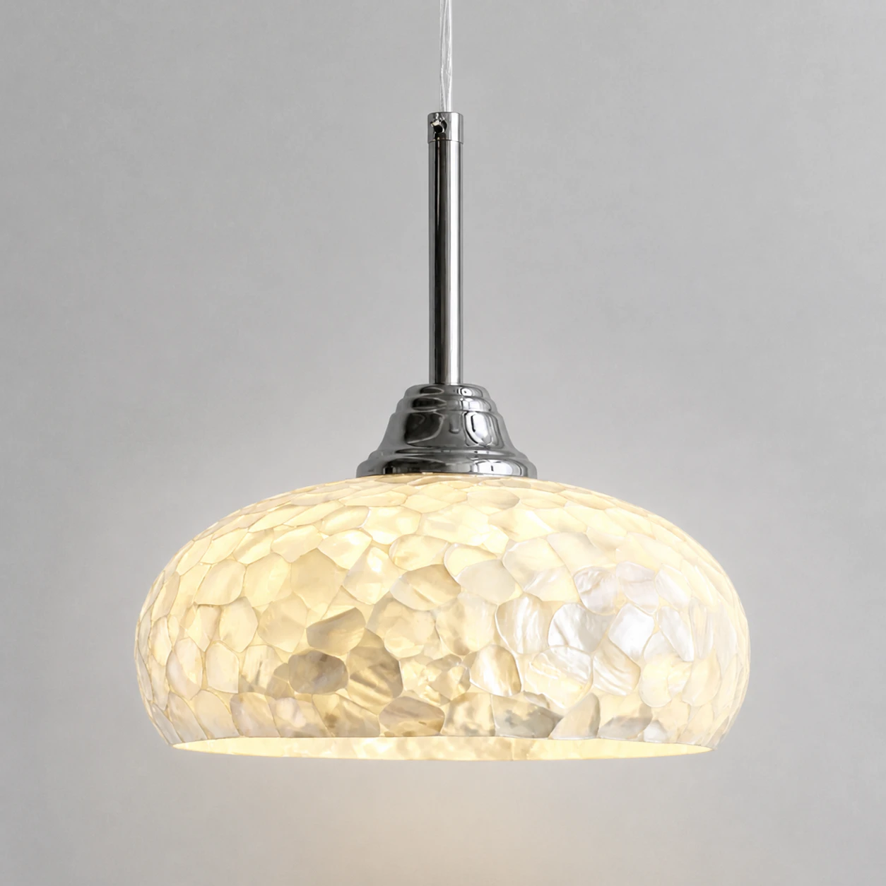 Illuminated white mother-of-pearl shell mosaic shade with polished chrome hardware