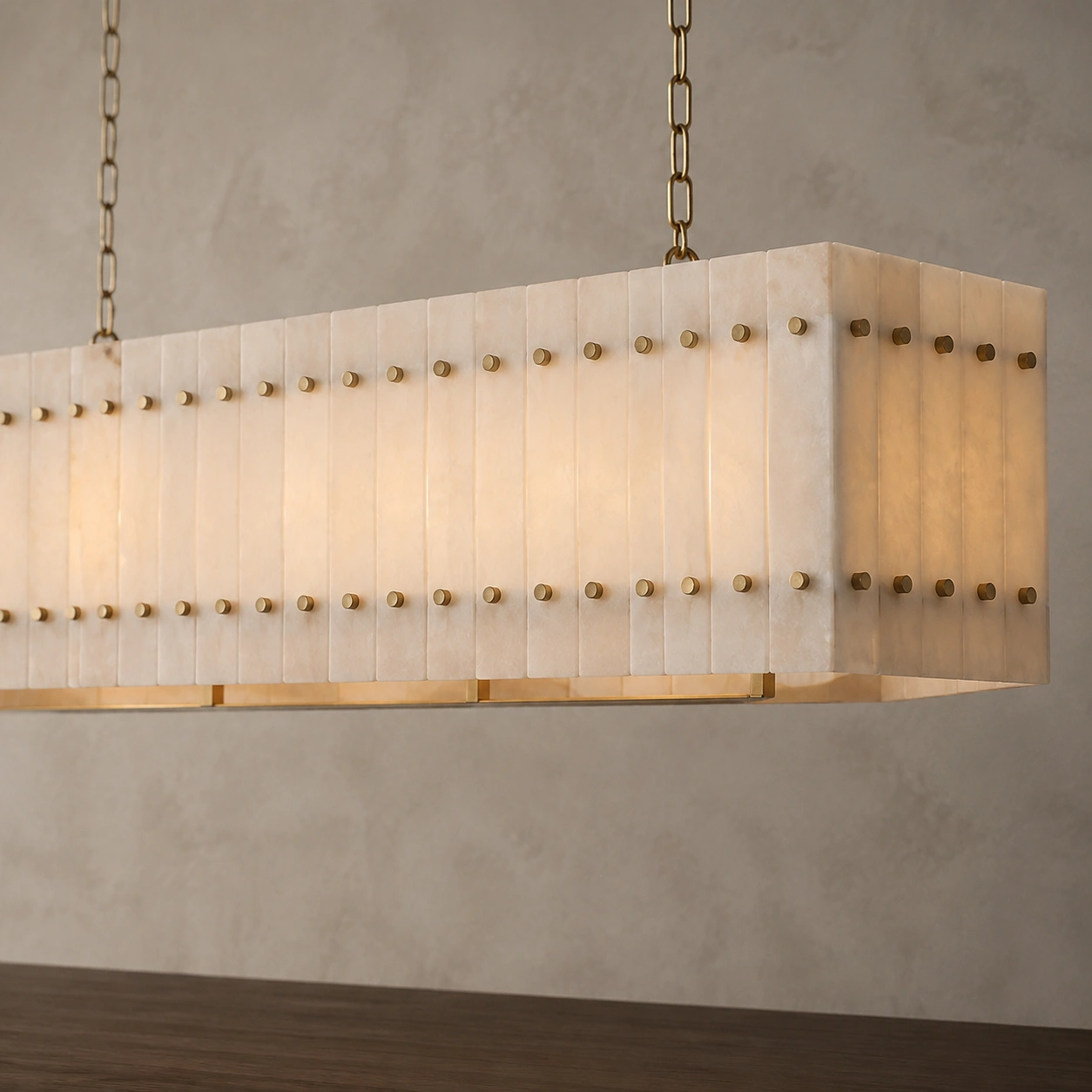Close view of the Mervin chandelier alabaster panels and softly illuminated stone pattern