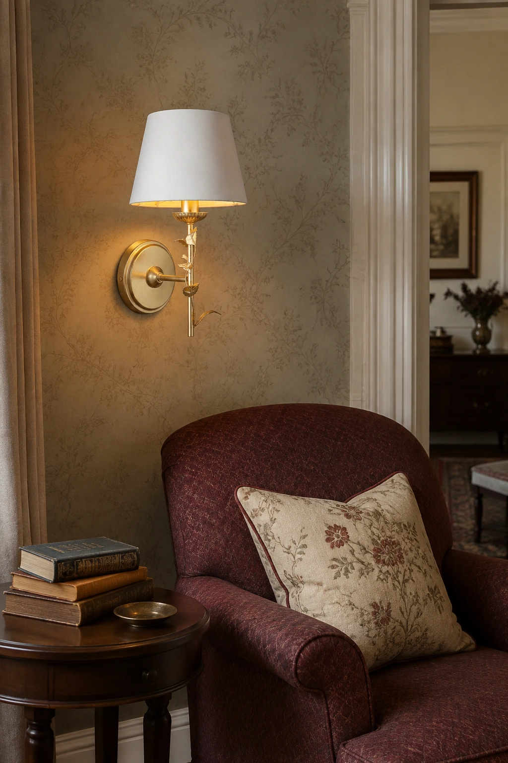 Halton wall light creating a decorative accent beside a living room reading chair