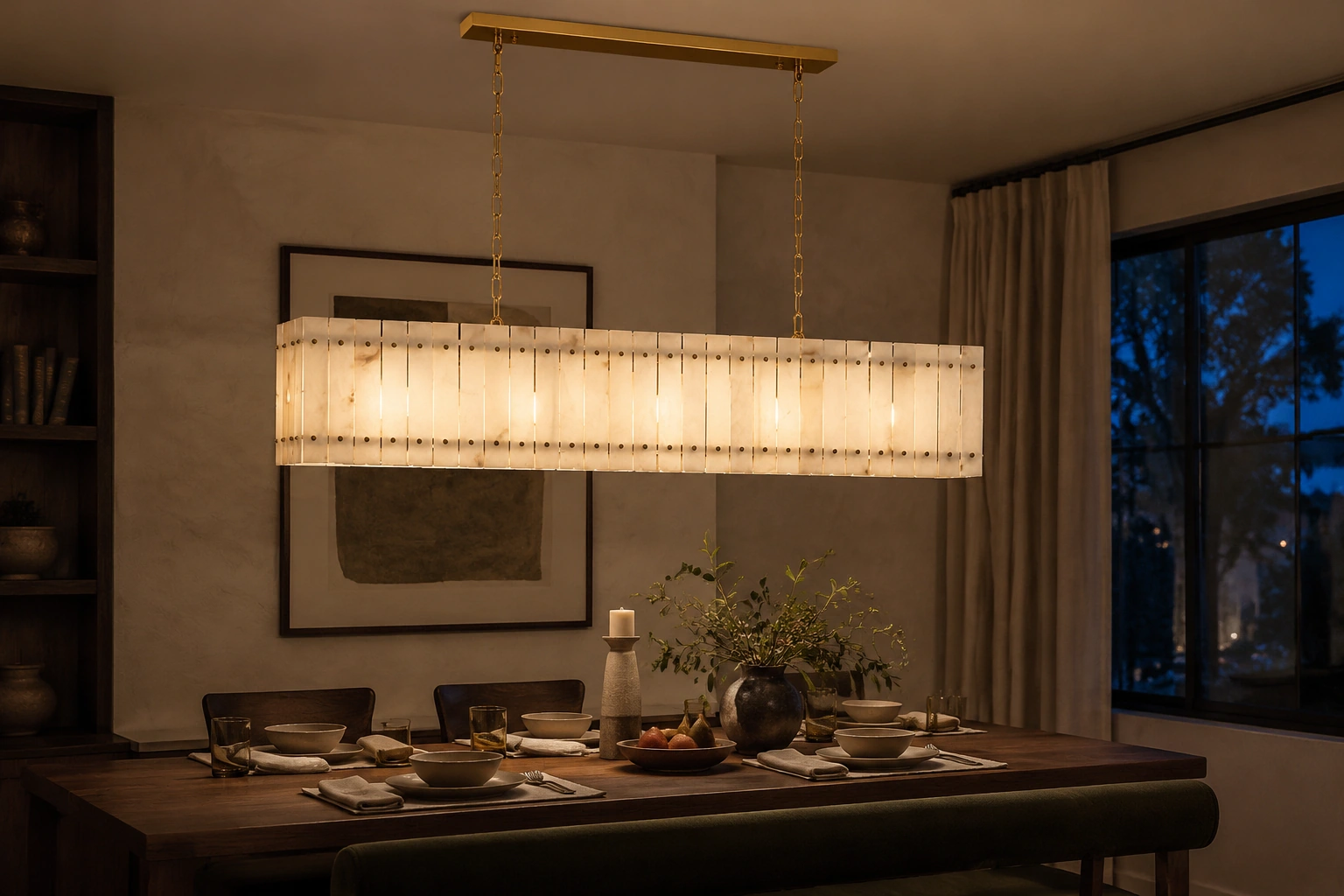 Mervin chandelier creating softly layered light in an evening dining setting