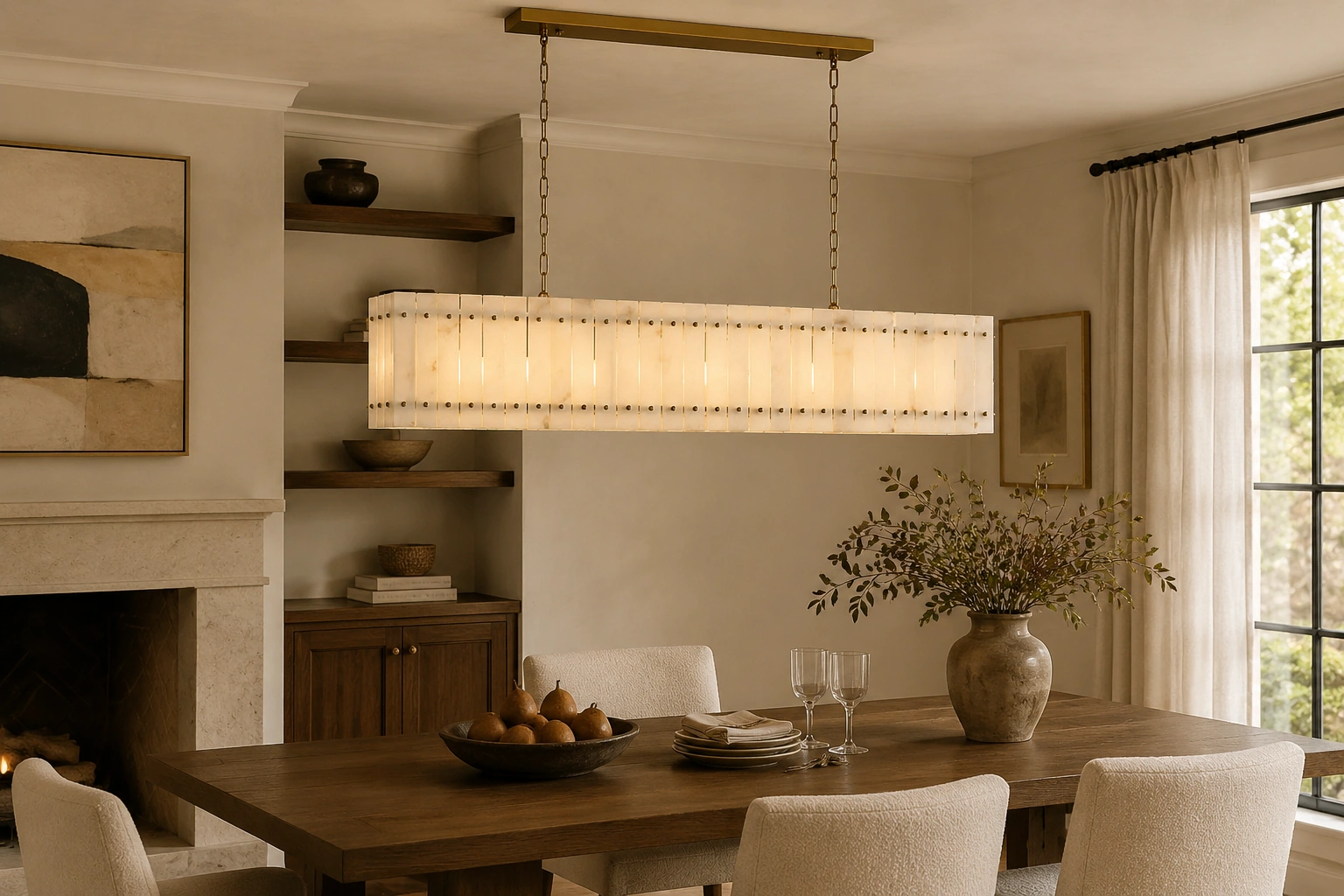 Complete Mervin alabaster chandelier installation above a long dining table