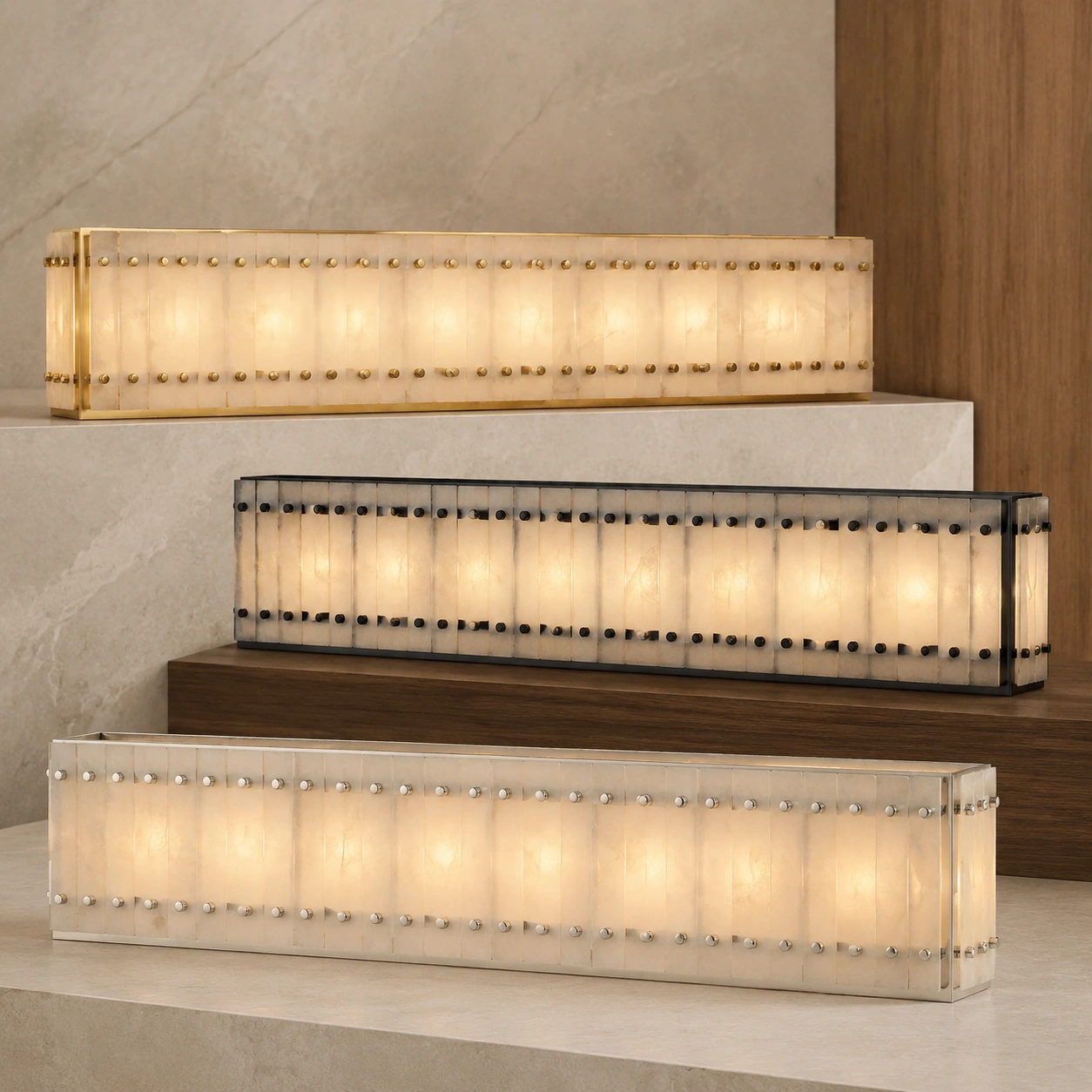 Mervin chandelier shown in antiqued brass, matte black, and polished nickel finishes