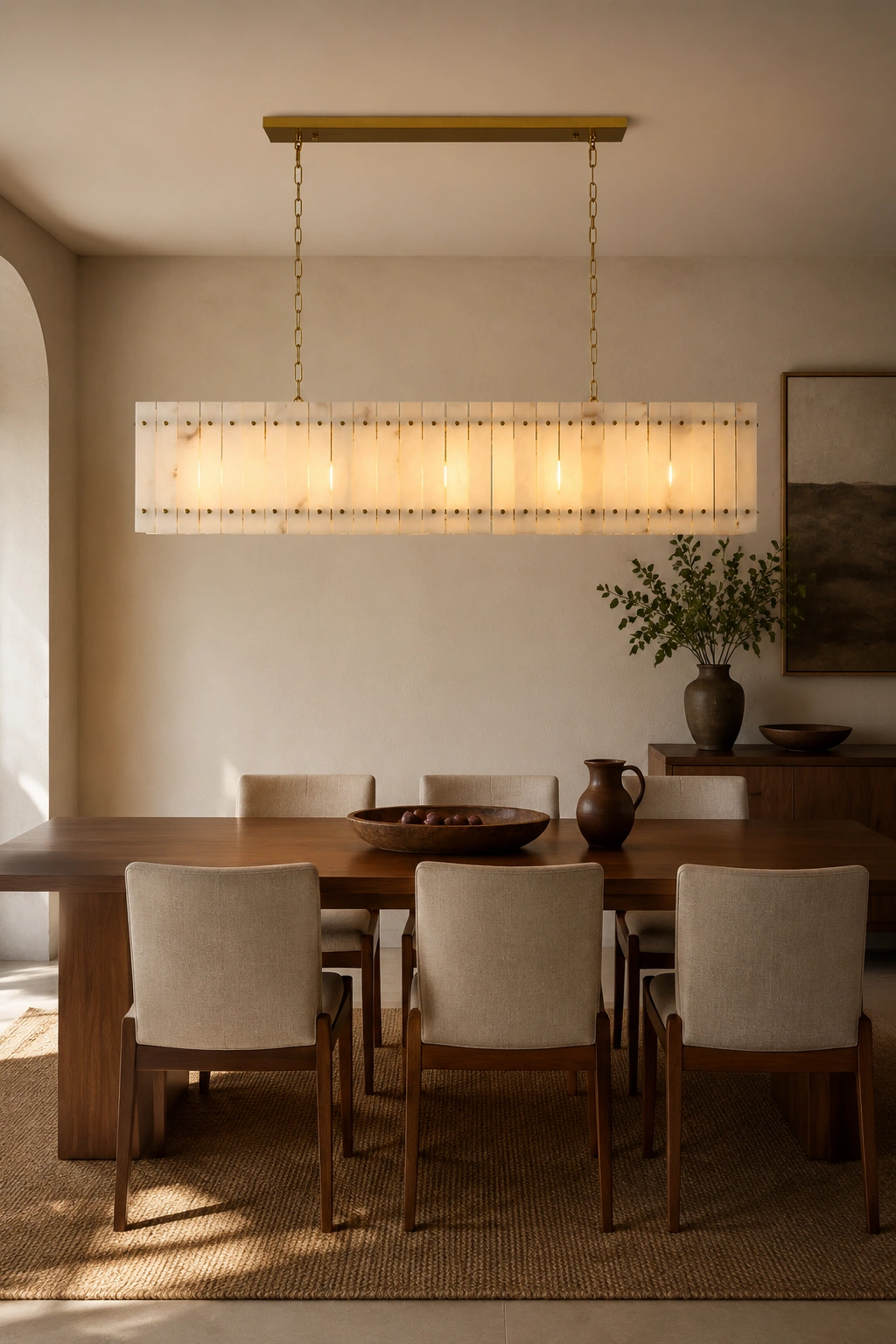 Mervin linear chandelier centered above a dining table with a believable hanging height