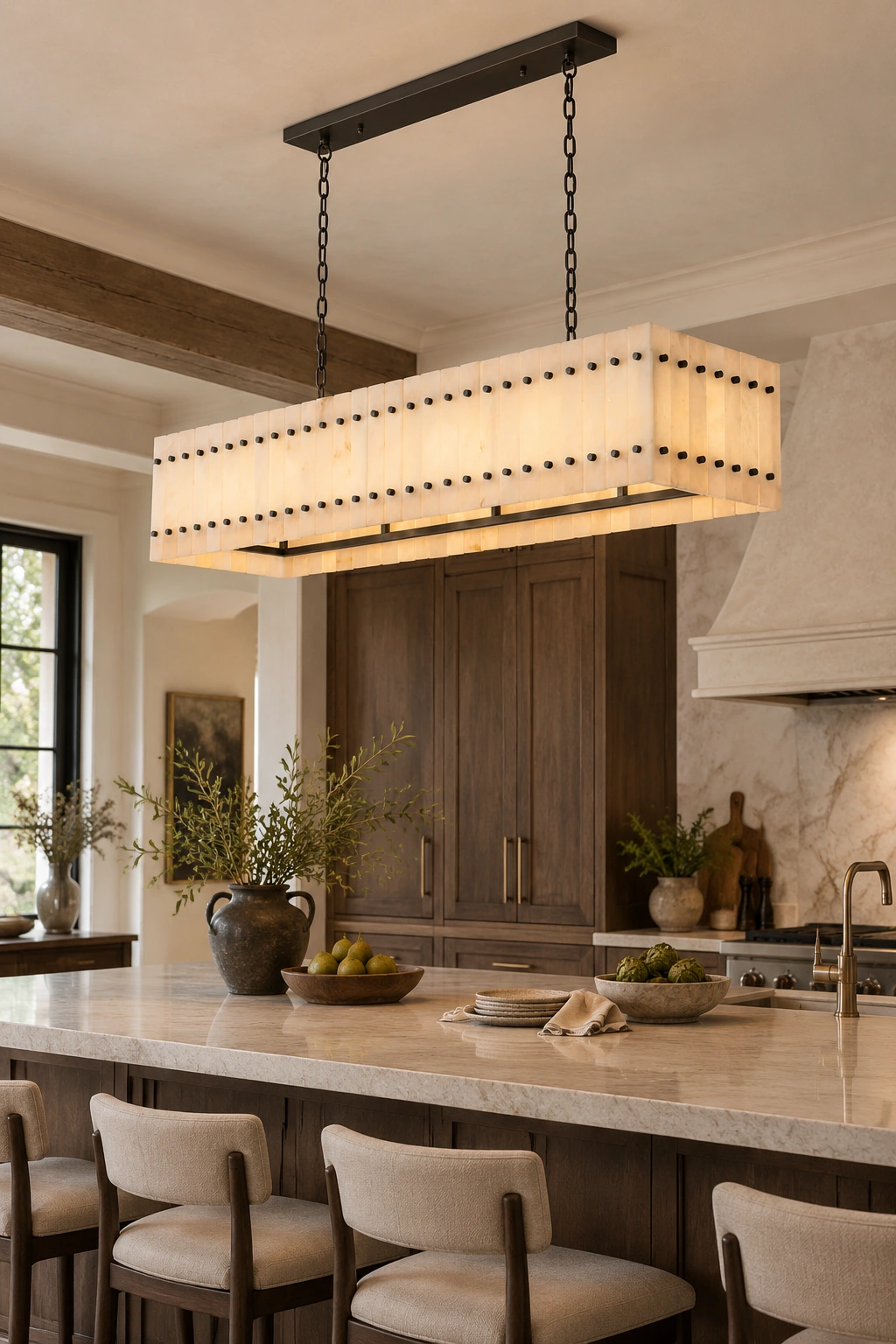 Mervin alabaster linear chandelier centered above a long kitchen island