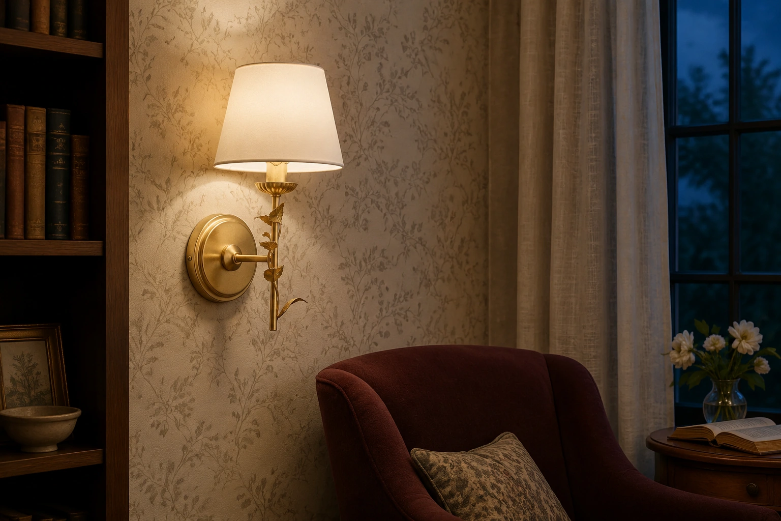 Halton wall light mounted flush to a wall in an evening reading alcove