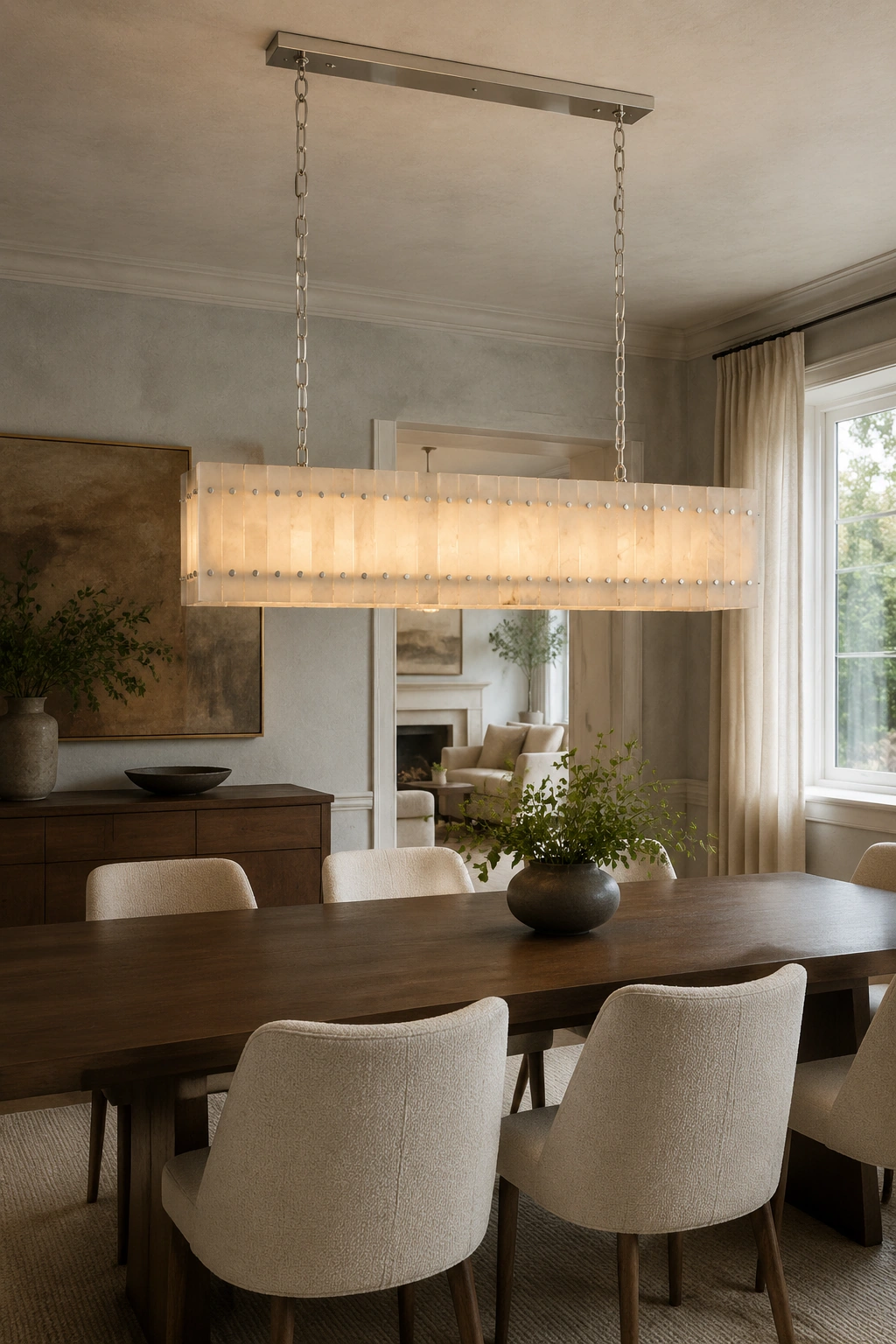 Closer formal dining view of the Mervin chandelier at realistic scale above the table