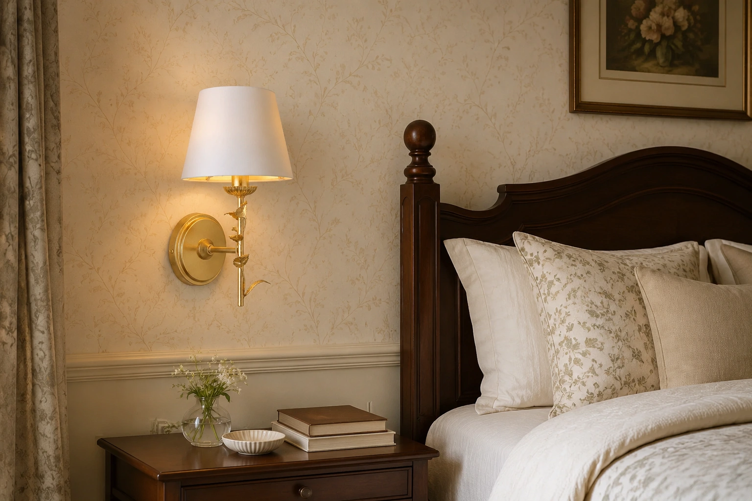 Halton distressed gold leaf wall light installed at a realistic scale in a layered bedroom reading corner