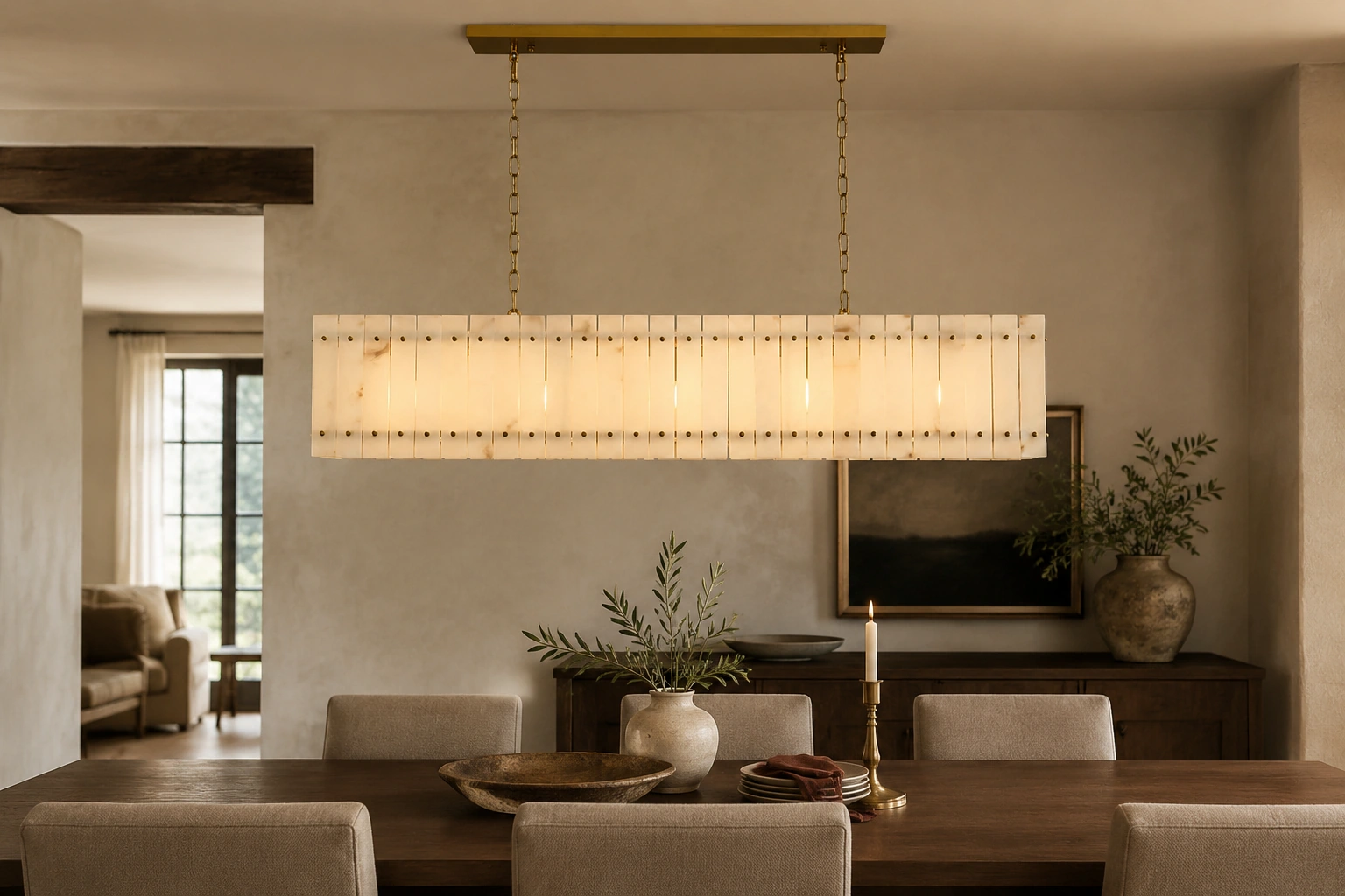 Mervin 54-inch alabaster linear chandelier installed above a long dining table at realistic scale