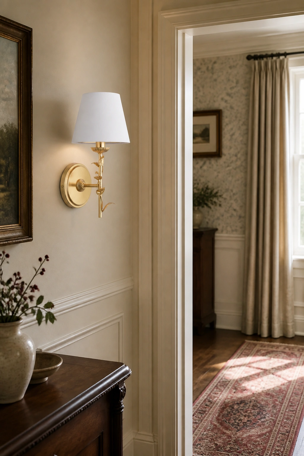 Halton wall light installed on a hallway wall with clear walking space