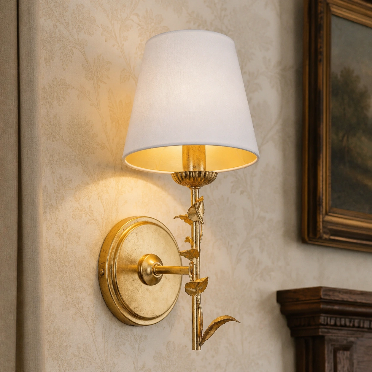 Close side view of the white tapered shade and its softly lit inner surface