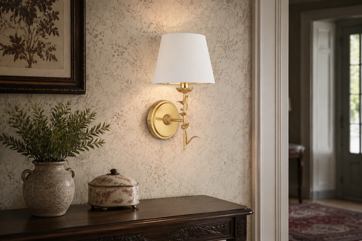 Complete Halton wall light above a console in a layered residential interior