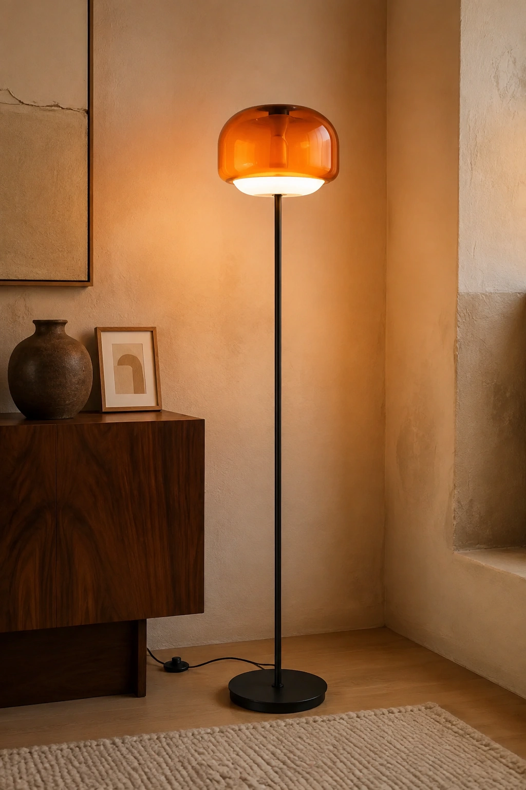 Orange Sanae floor lamp casting a soft evening glow in a furnished corner