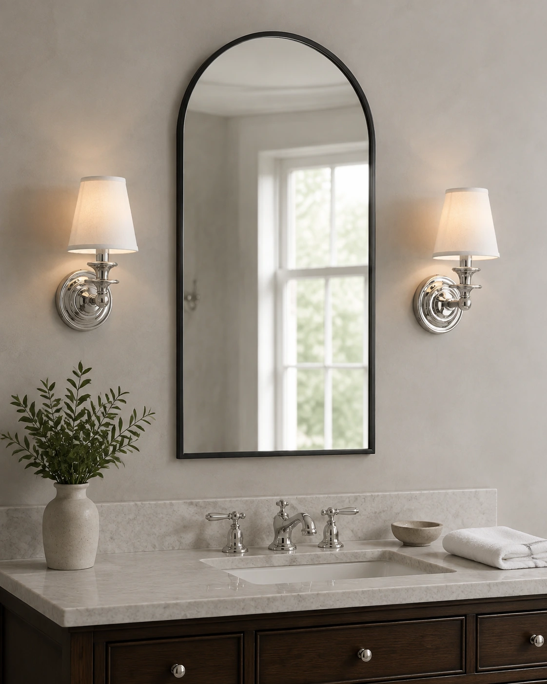Pair of Chrome plain-shade sconces beside a vanity mirror