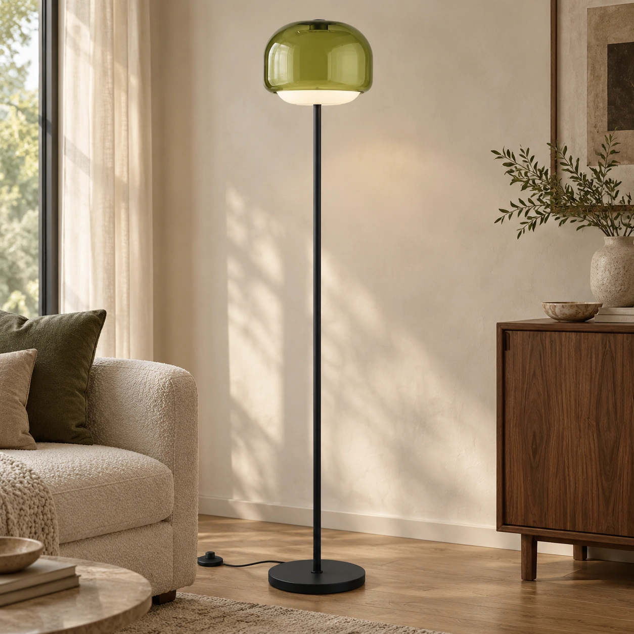 Complete gray green Sanae floor lamp profile with slim black stem and circular base