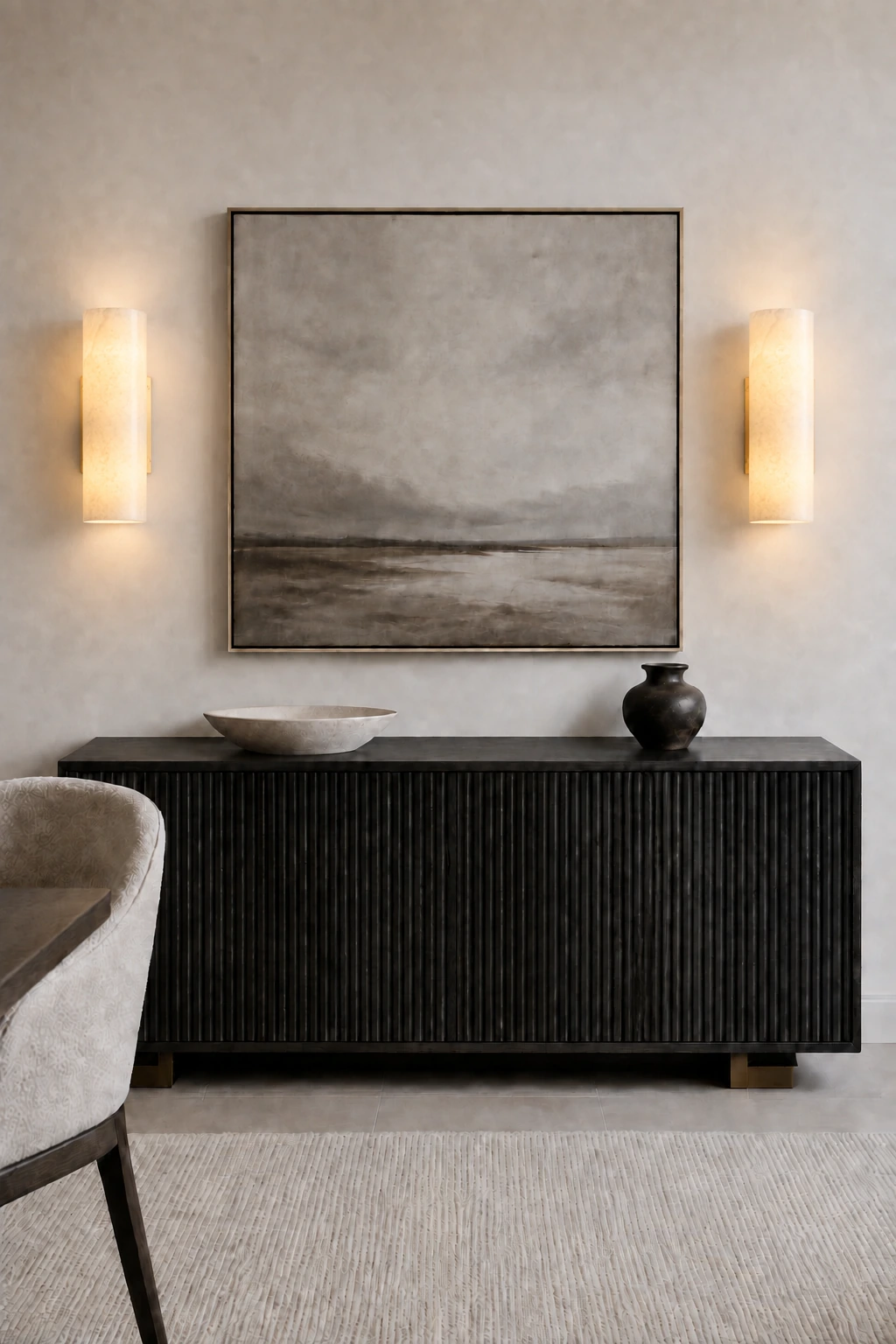 Pair of Brass Doran sconces beside artwork and a dark sideboard