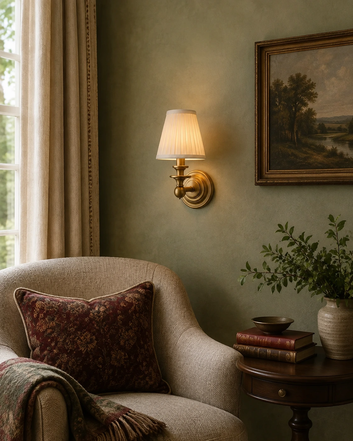 Brass pleated-shade sconce in a traditional reading corner