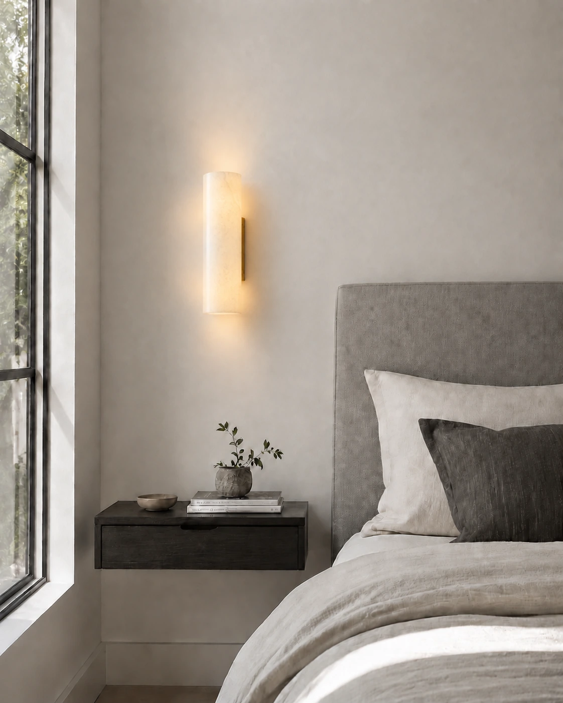 Single Brass Doran sconce beside a calm daylight bedroom