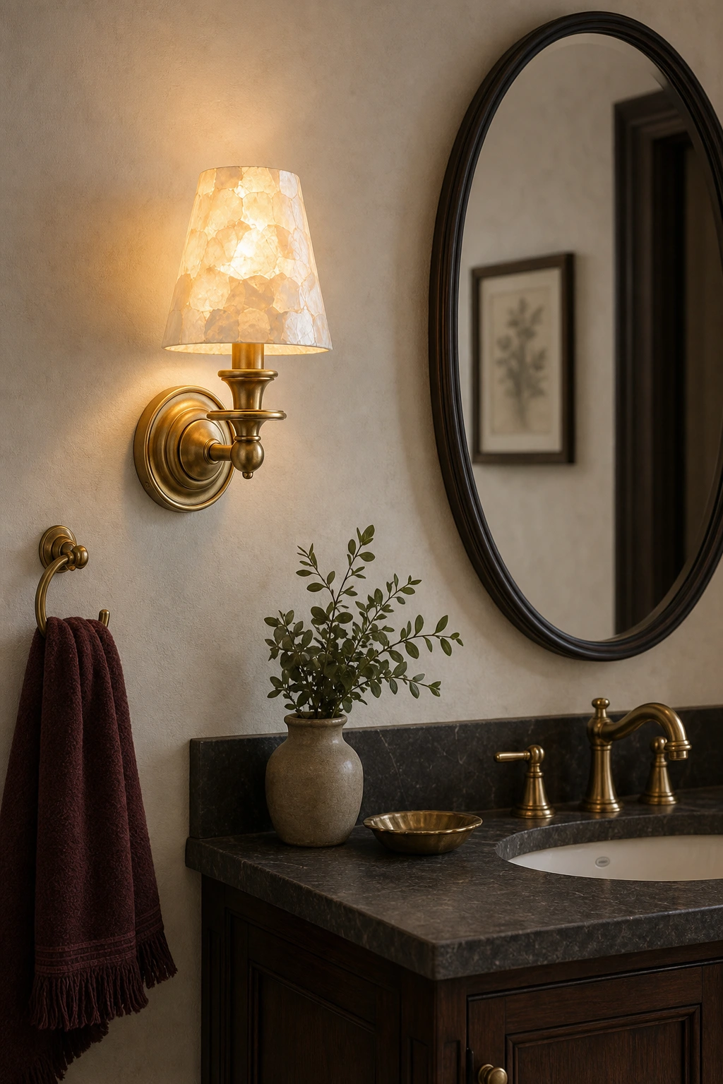 Brass Capiz-shade sconce in a powder room