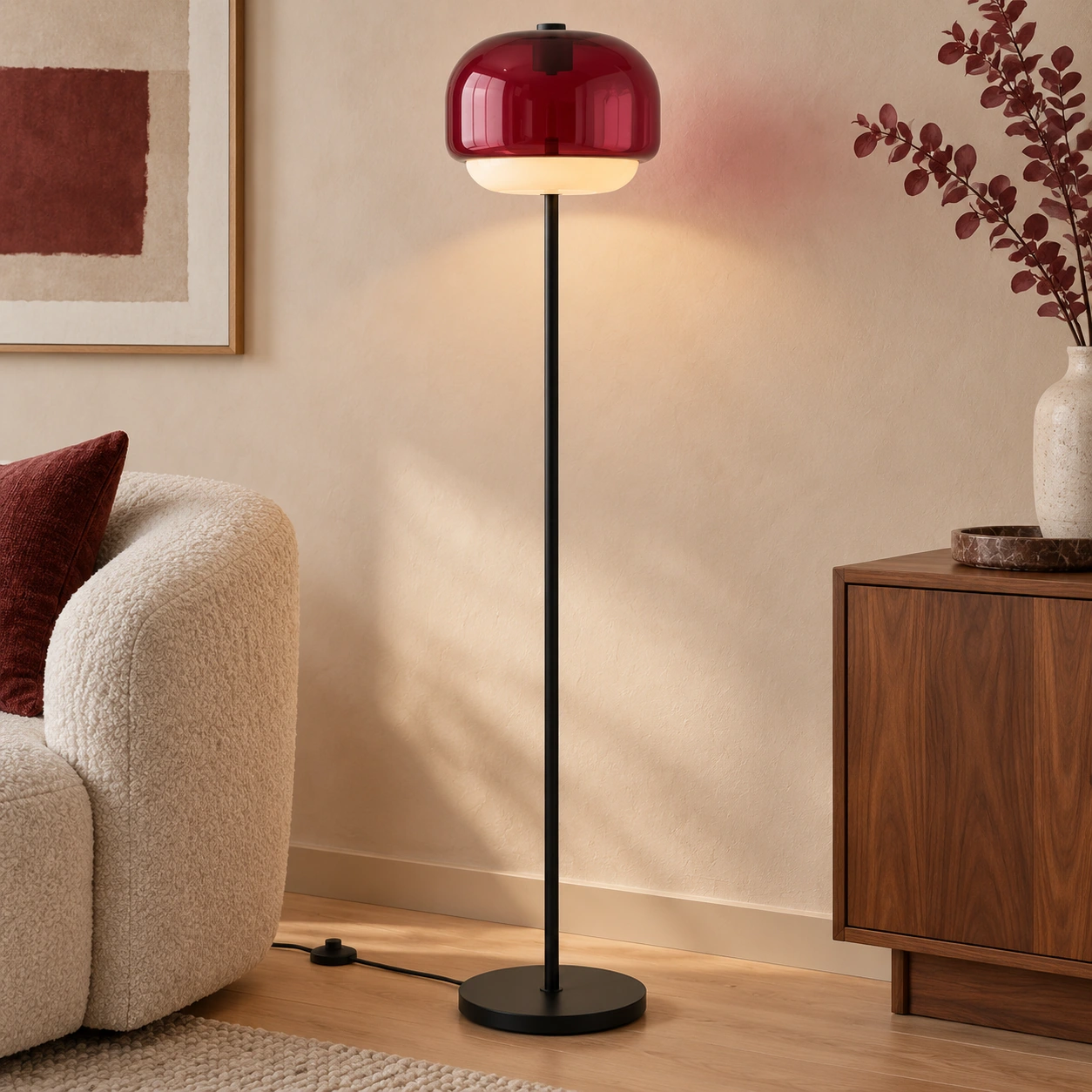 Close view of the burgundy Sanae rounded glass shade and white diffuser