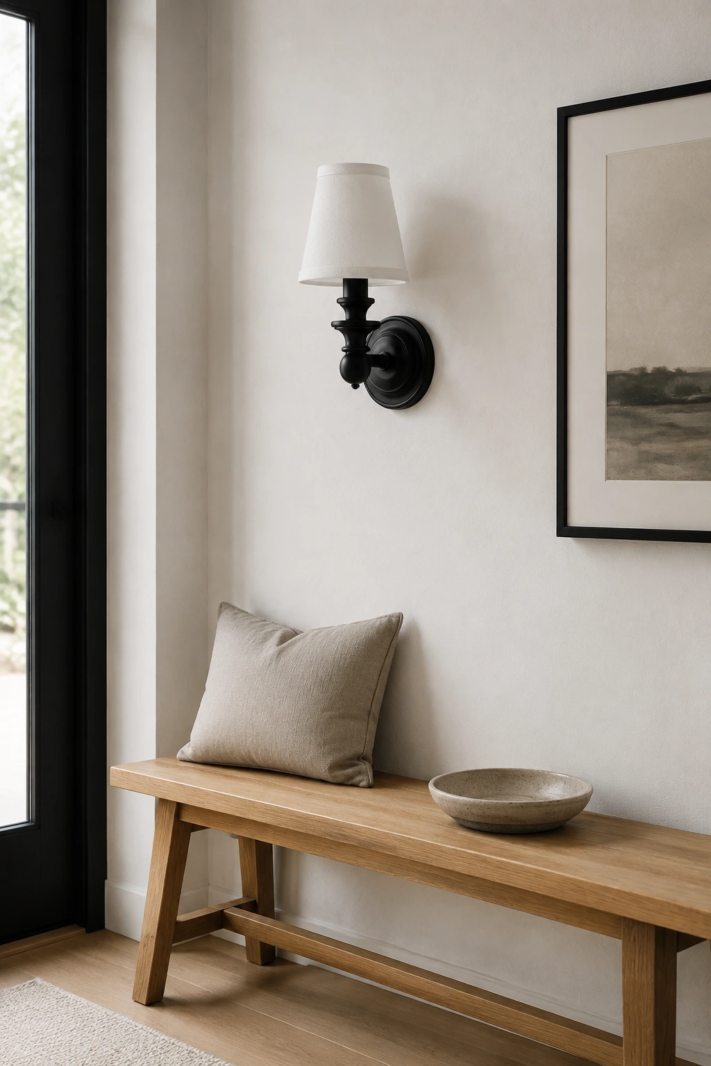 Black plain-shade sconce in a contemporary entry