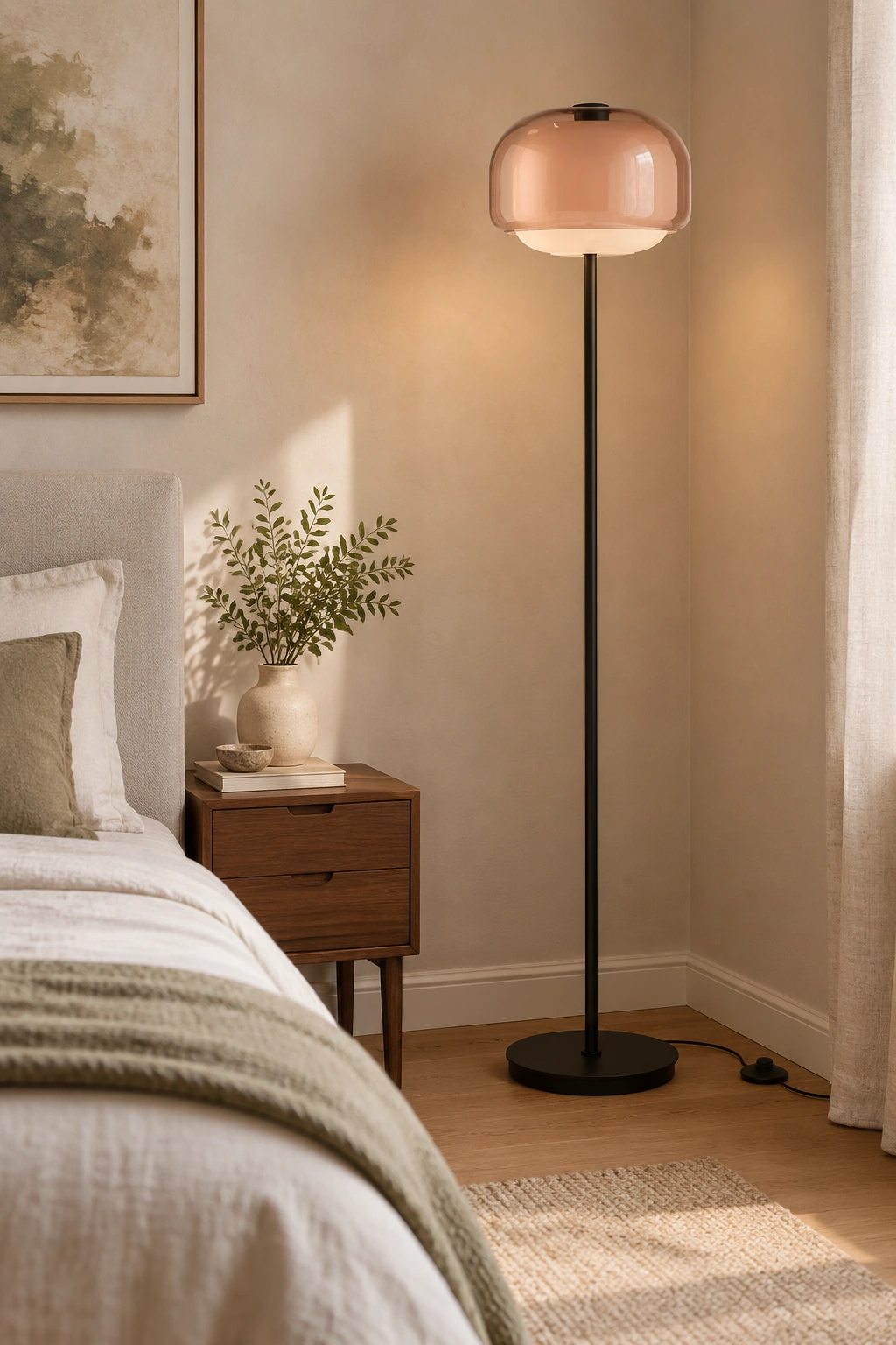 Nude Sanae floor lamp placed beside a bedroom dresser and chair