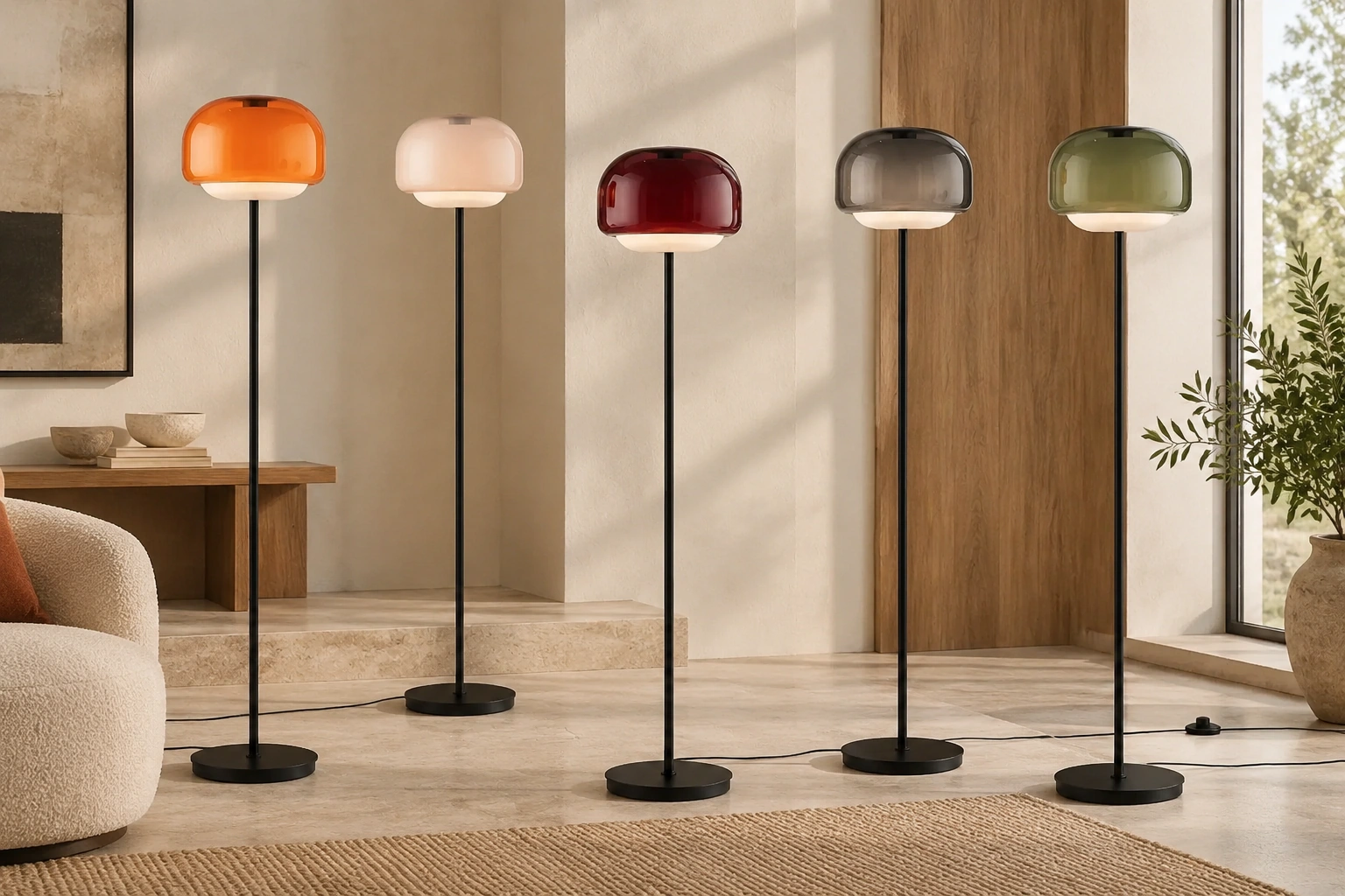 Five Sanae floor lamps showing orange, nude, burgundy, smoke gray and gray green glass shades