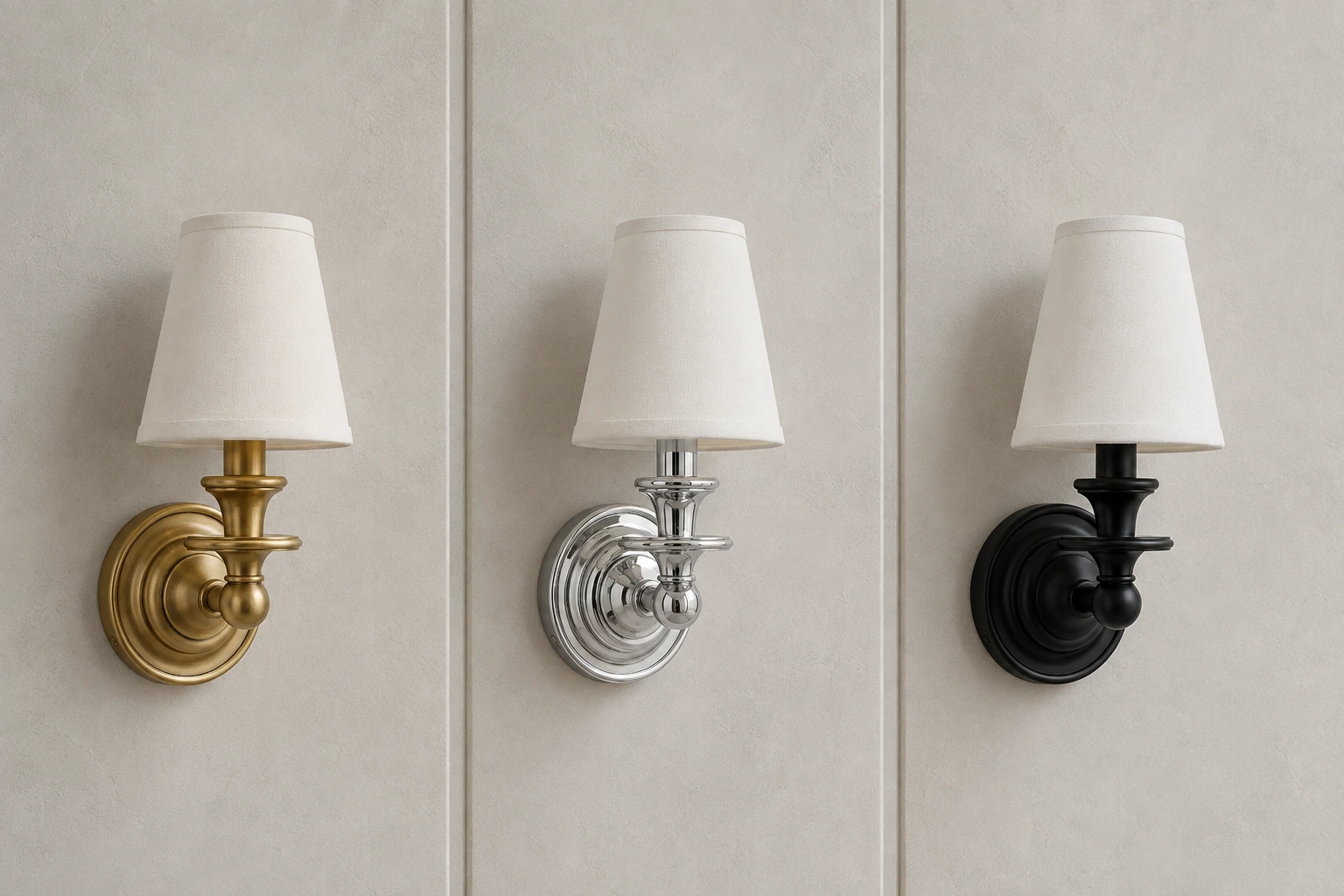 Brass, Chrome and Black finish comparison with plain shades
