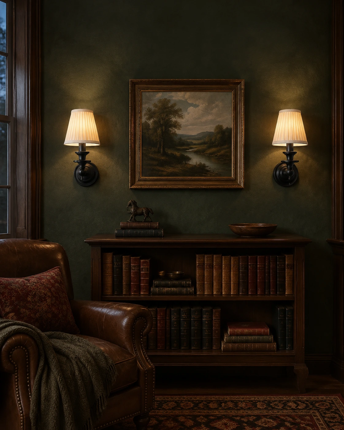Pair of Black pleated-shade sconces in a green library