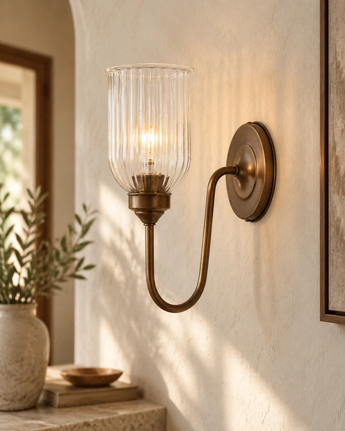Burnished brass Menae wall sconce showing the backplate, connection and curved arm