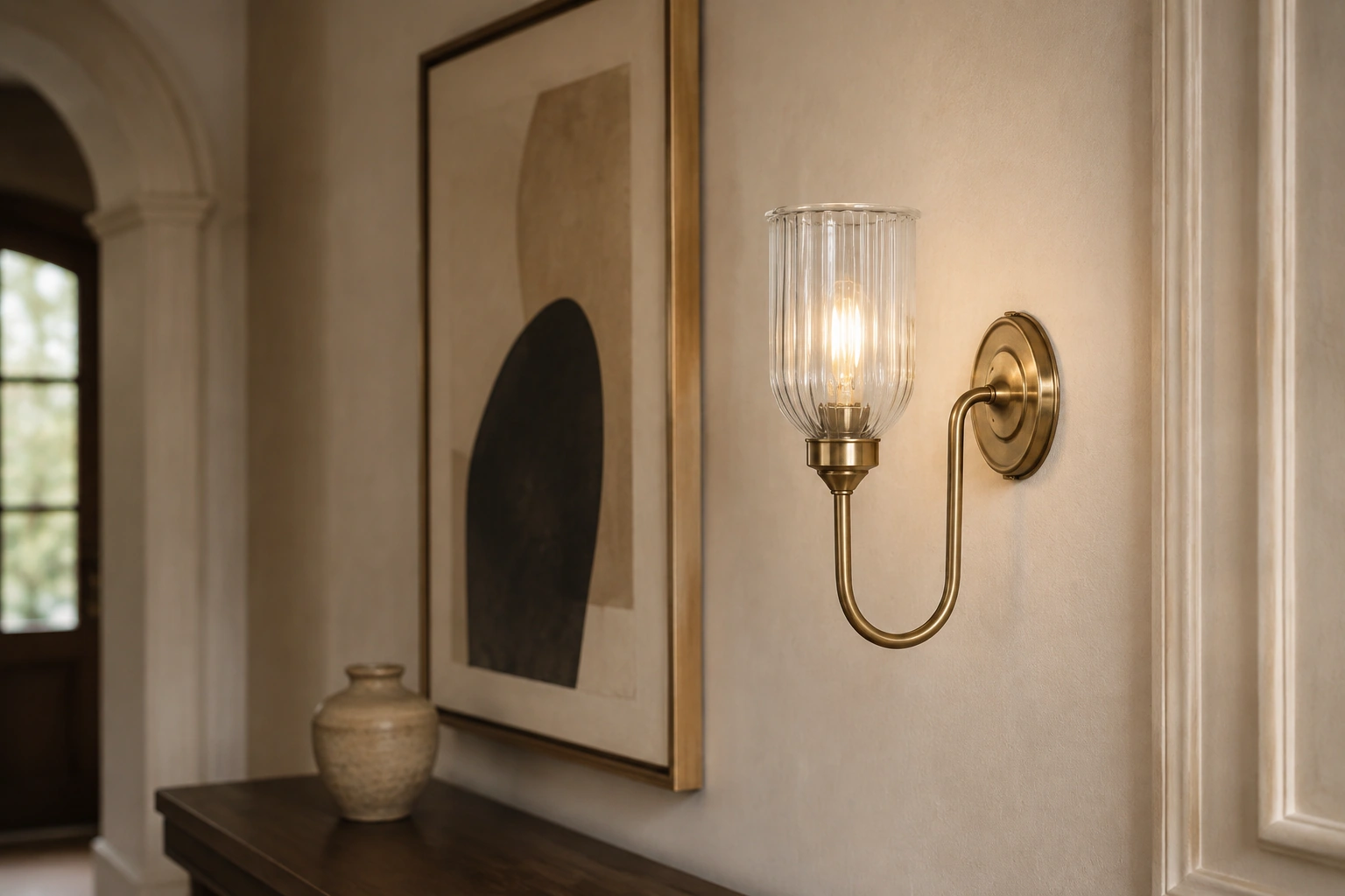 Menae antique brass ribbed glass wall sconce mounted beside framed art in a layered entryway