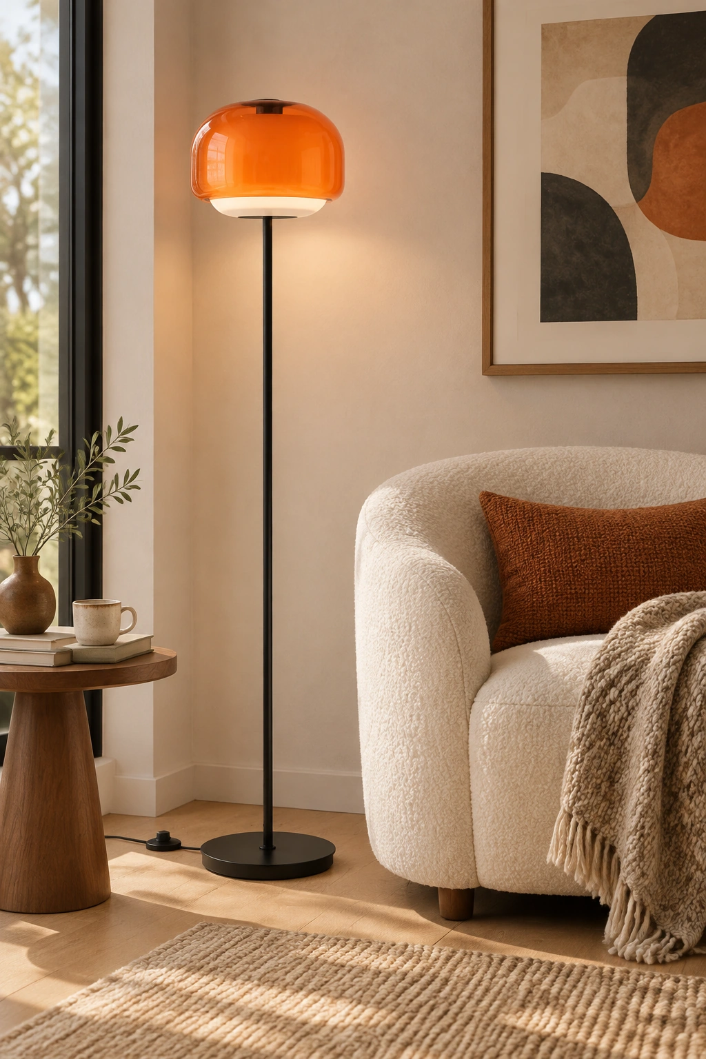 Orange Sanae floor lamp placed beside a reading chair with realistic room scale