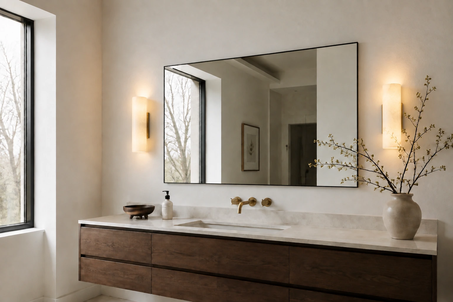 Pair of Brass Doran sconces framing a wide bathroom mirror