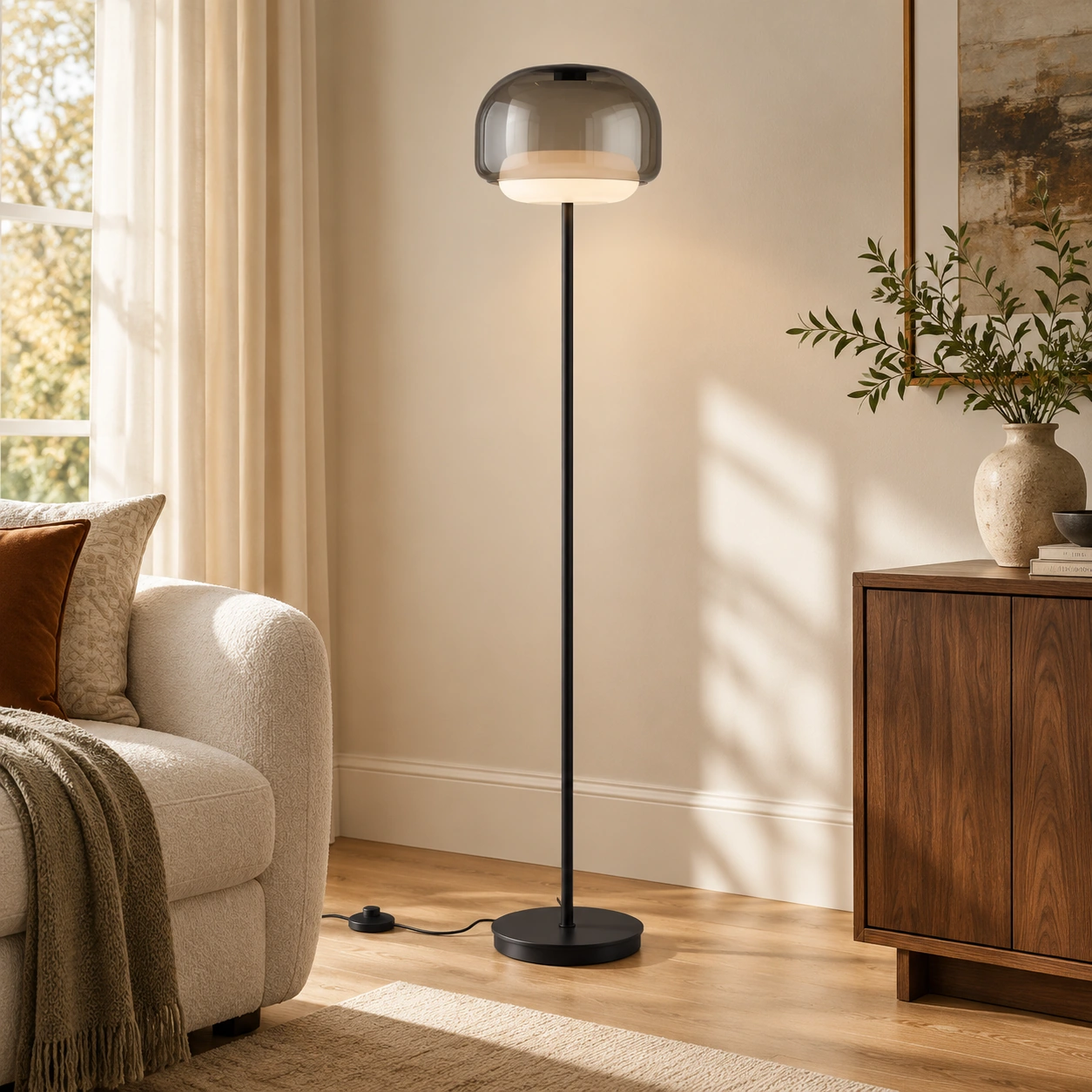 Smoke gray Sanae floor lamp with its slim black base, power cord and inline foot switch visible