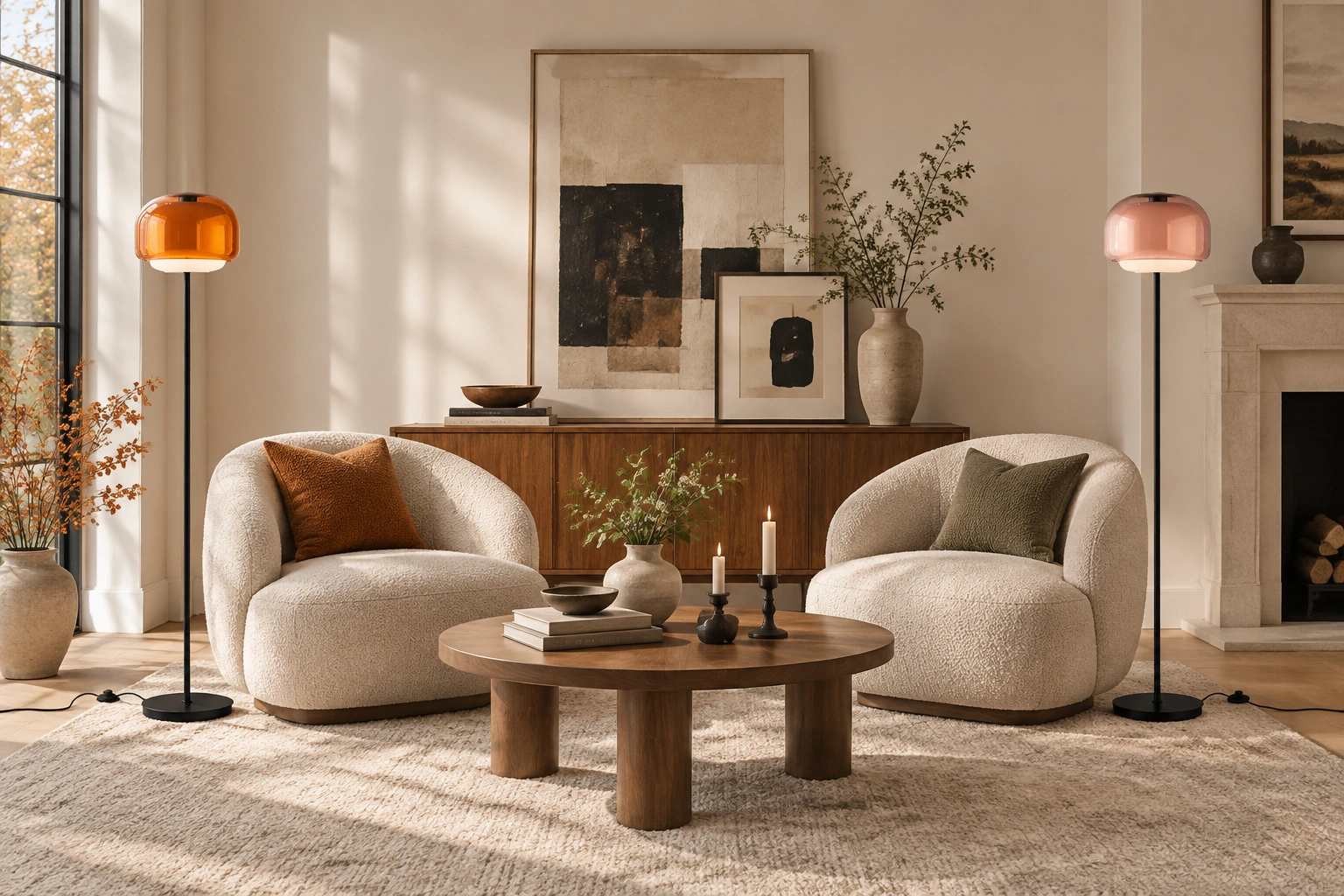 Orange and nude Sanae floor lamps styled together in a warm interior