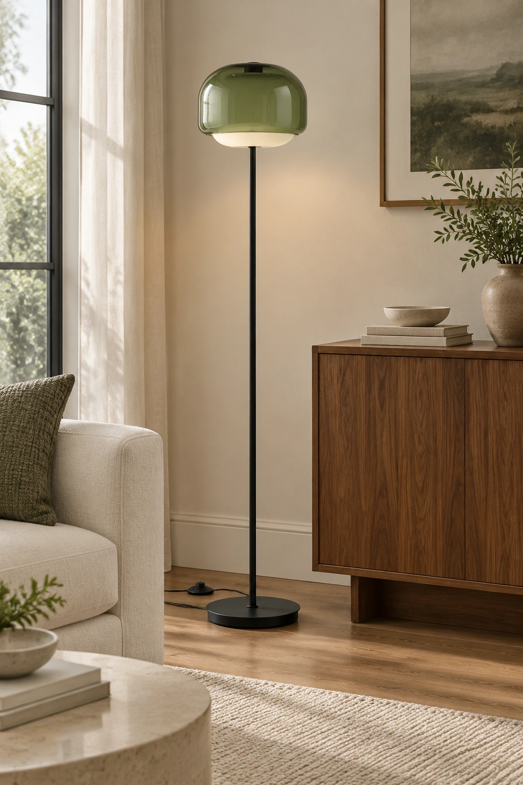 Gray green Sanae floor lamp beside a sofa in a relaxed living room