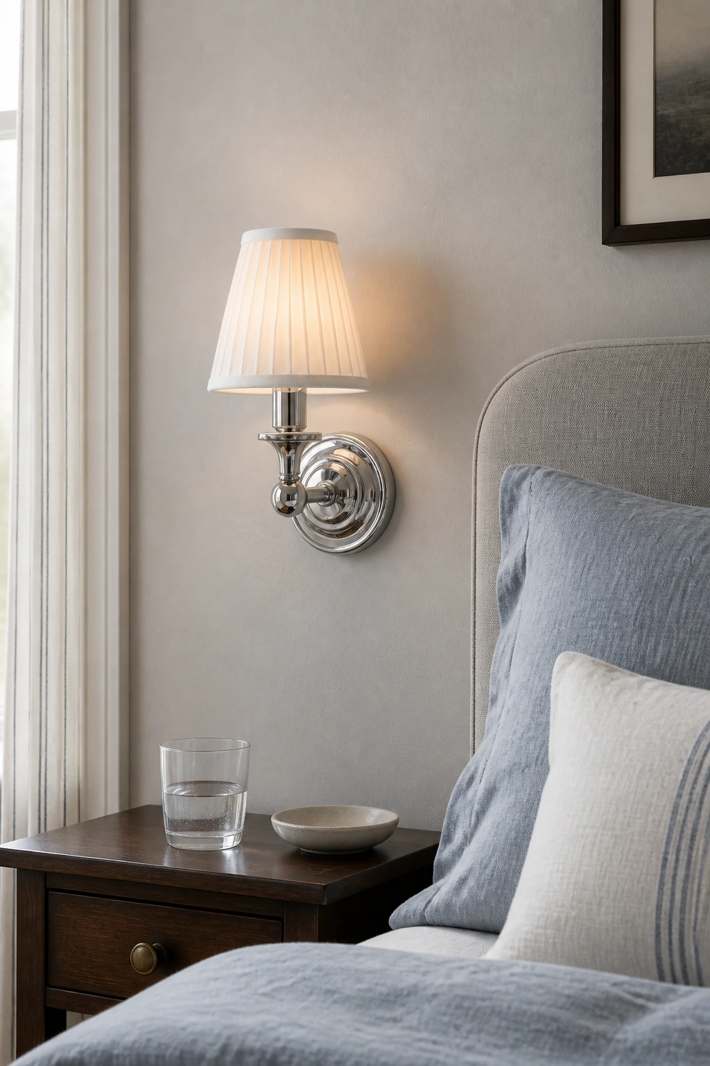 Chrome pleated-shade sconce beside a guest bed