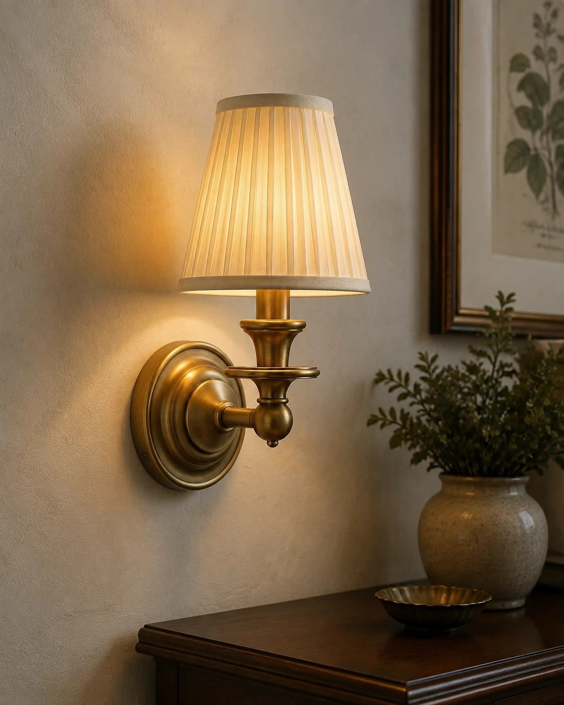 Warm light through an ivory pleated fabric shade