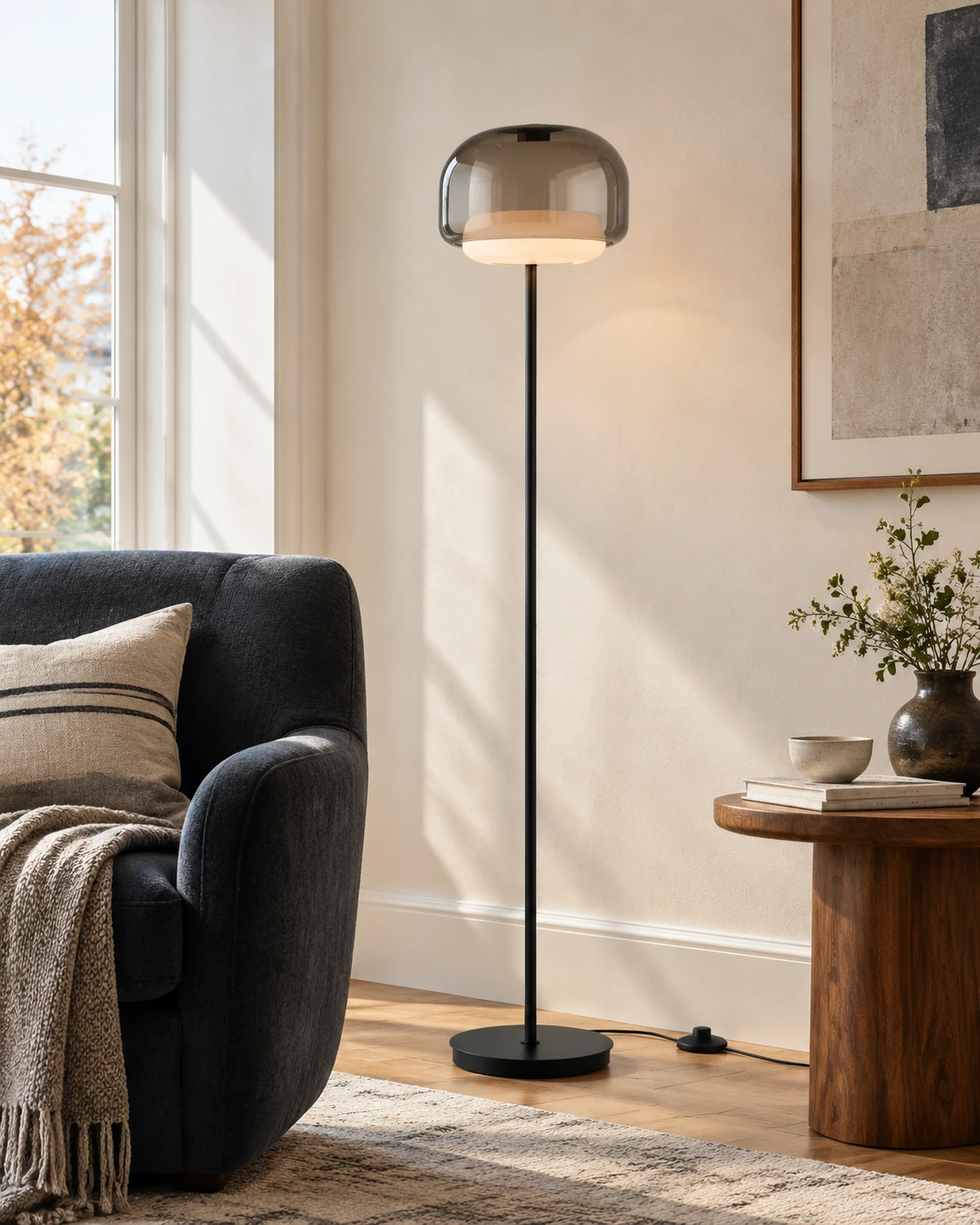 Smoke gray Sanae floor lamp in a layered lounge setting
