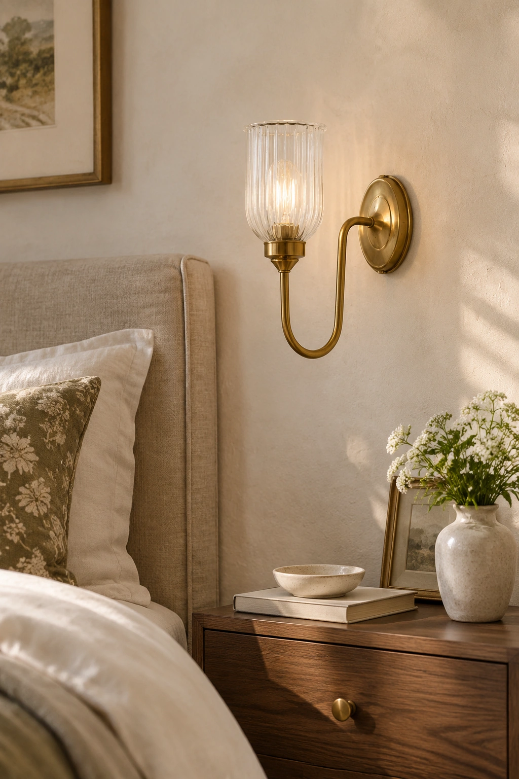Menae antique brass wall sconce installed above a walnut bedside table
