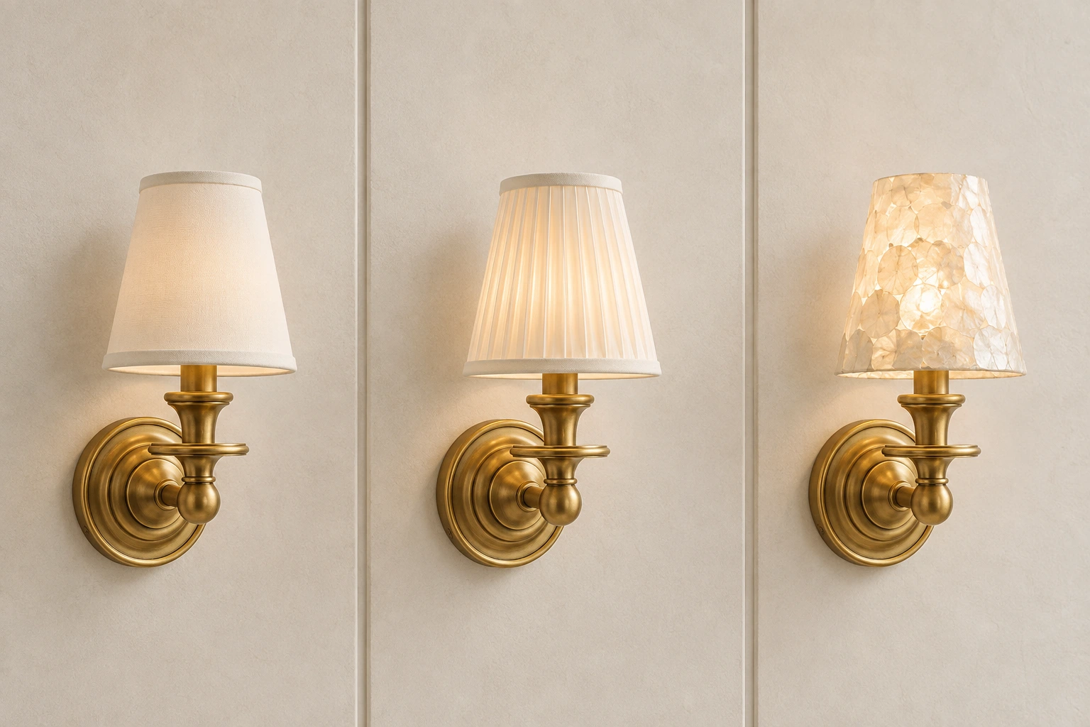 Plain, pleated and Capiz shade comparison with Brass bases