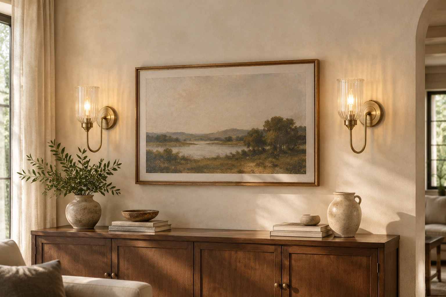 Two antique brass Menae wall sconces arranged around artwork above a walnut console